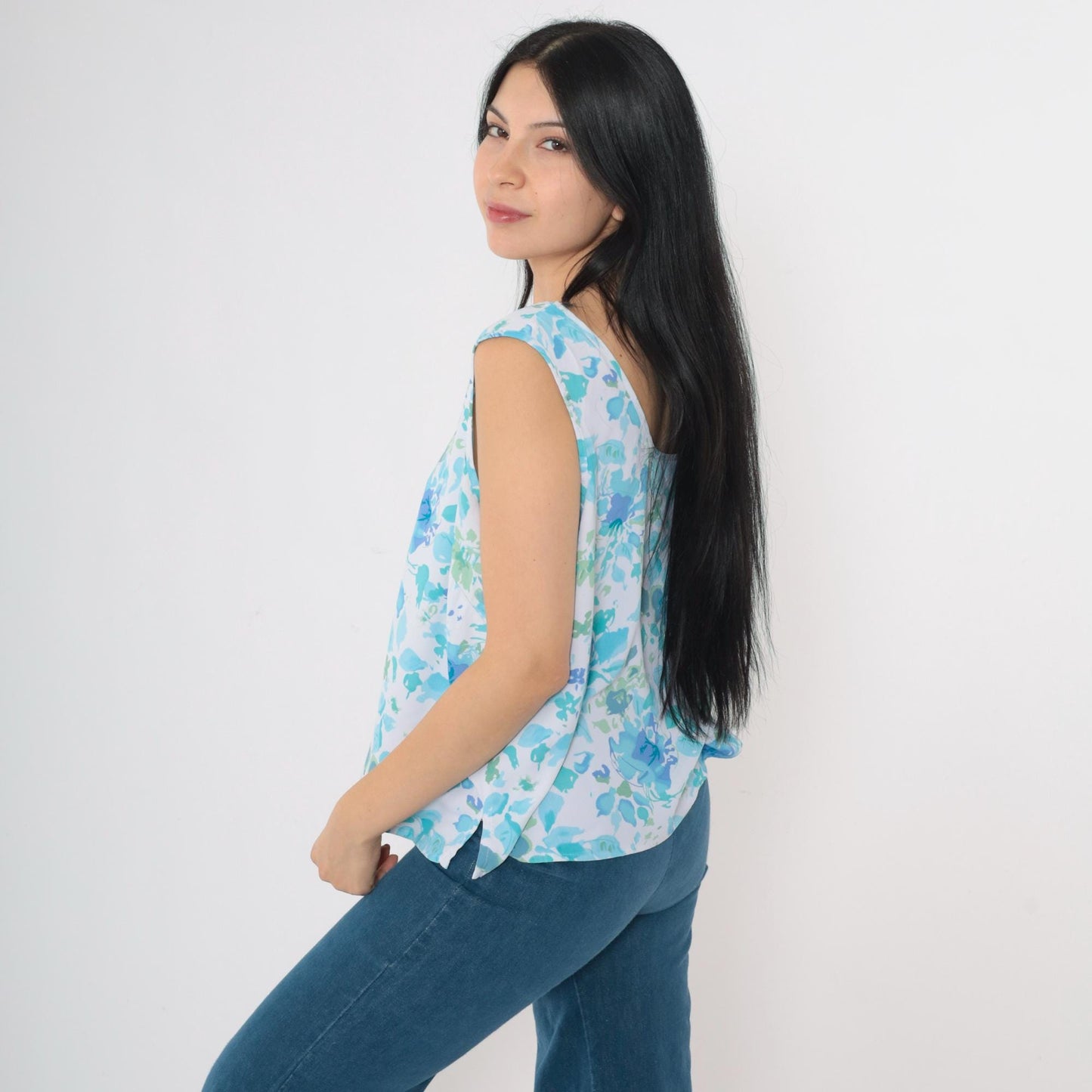 90s Apparenza Floral Tank Top Blue Abstract Print Scoop Neck Extra Large