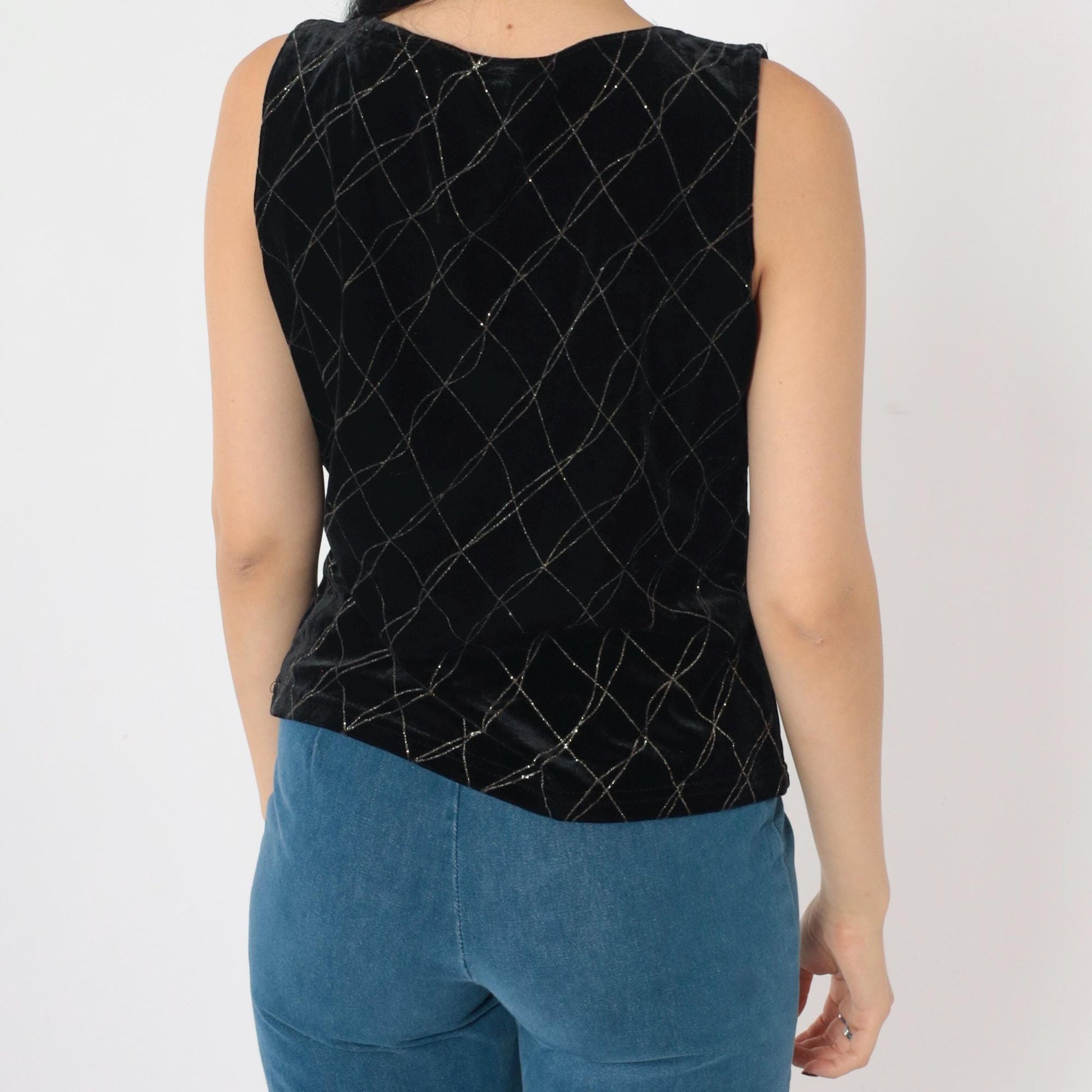 90s Black Velvet Tank Top Checkered Sparkly Glitter Sleeveless Small