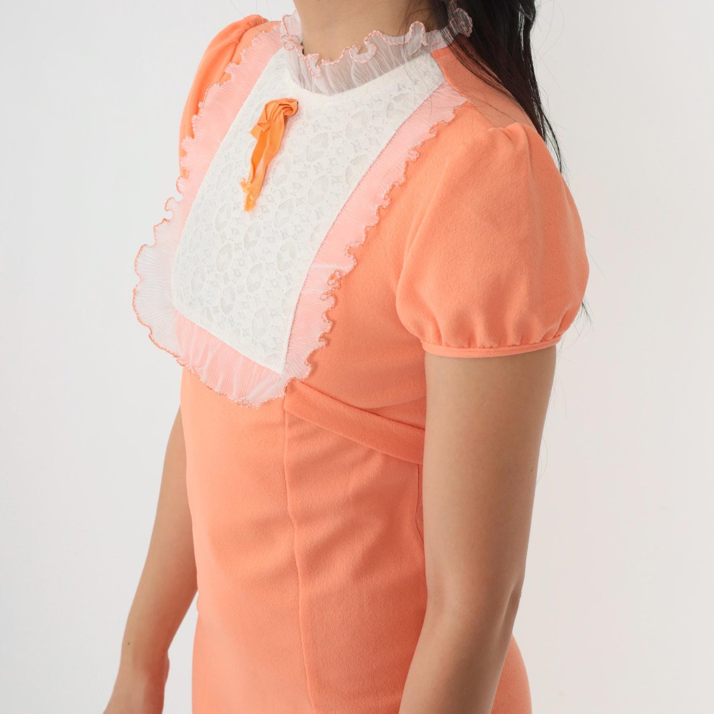 70s Orange Babydoll Mini Dress White Lace Bib Empire Waist Puff Sleeve XXS
