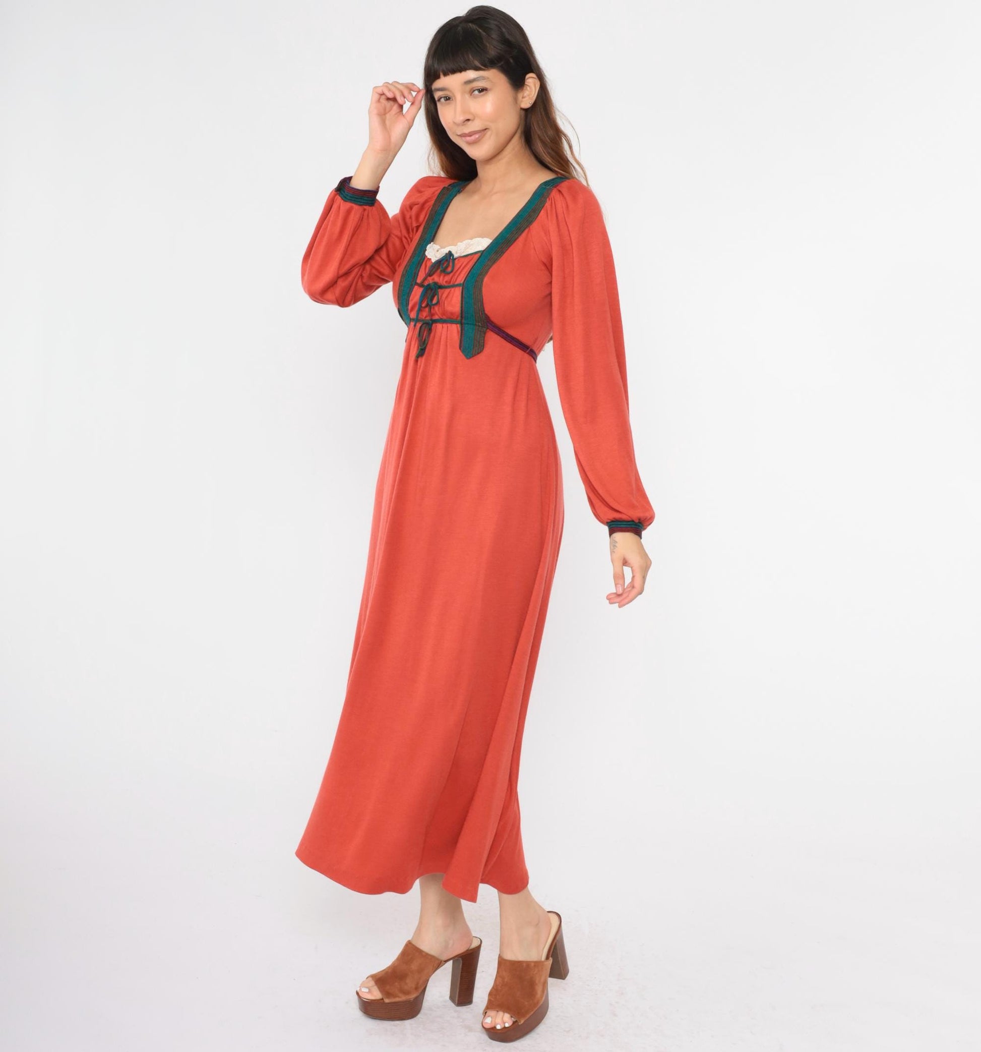 70s Rust Orange Prairie Maxi Dress Puff Sleeve Empire Waist Small Medium