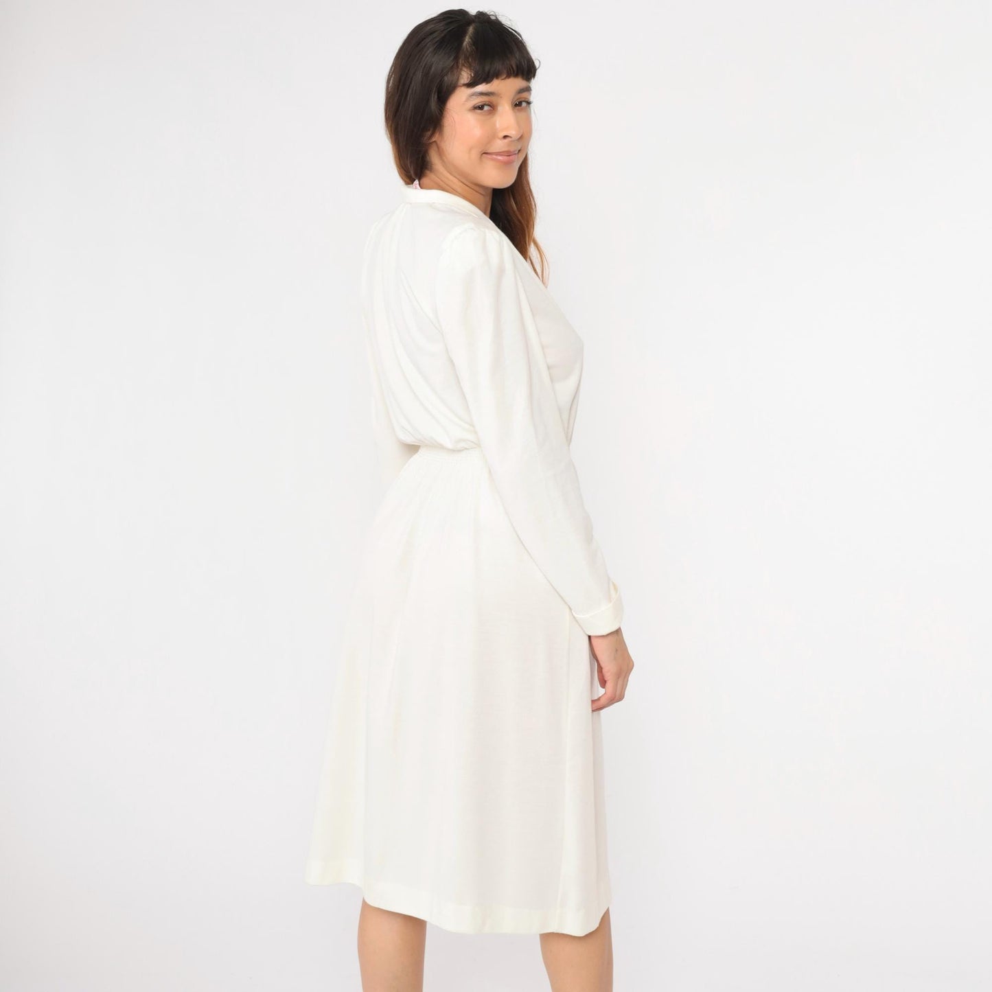 80s Off-White Puff Sleeve Shirtdress Midi High Waist Button Front Small