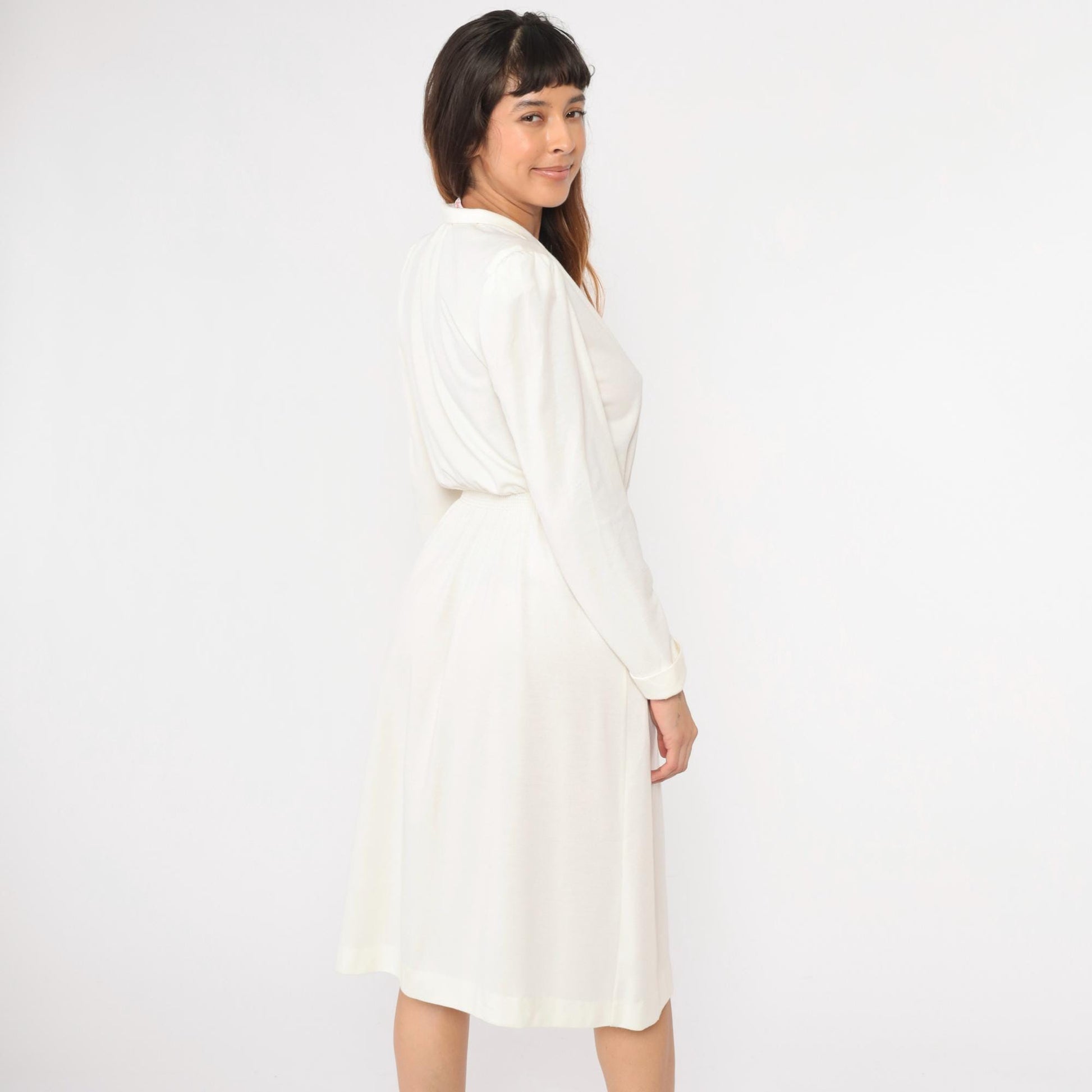 80s Off-White Puff Sleeve Shirtdress Midi High Waist Button Front Small