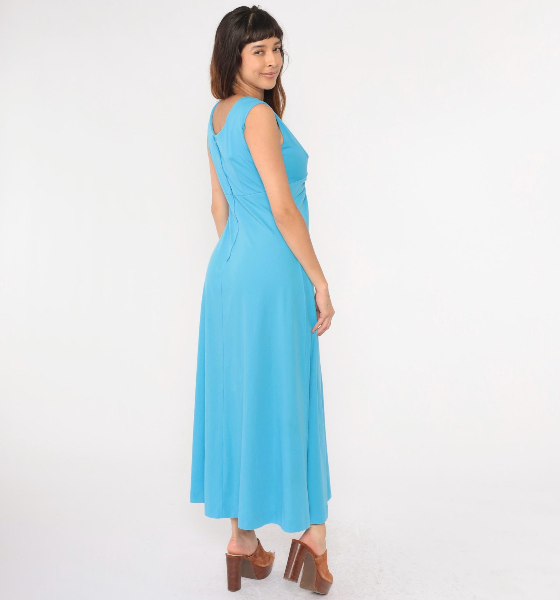 70s Blue Maxi Dress Rhinestone Beaded Empire Waist V Neck Sleeveless Medium