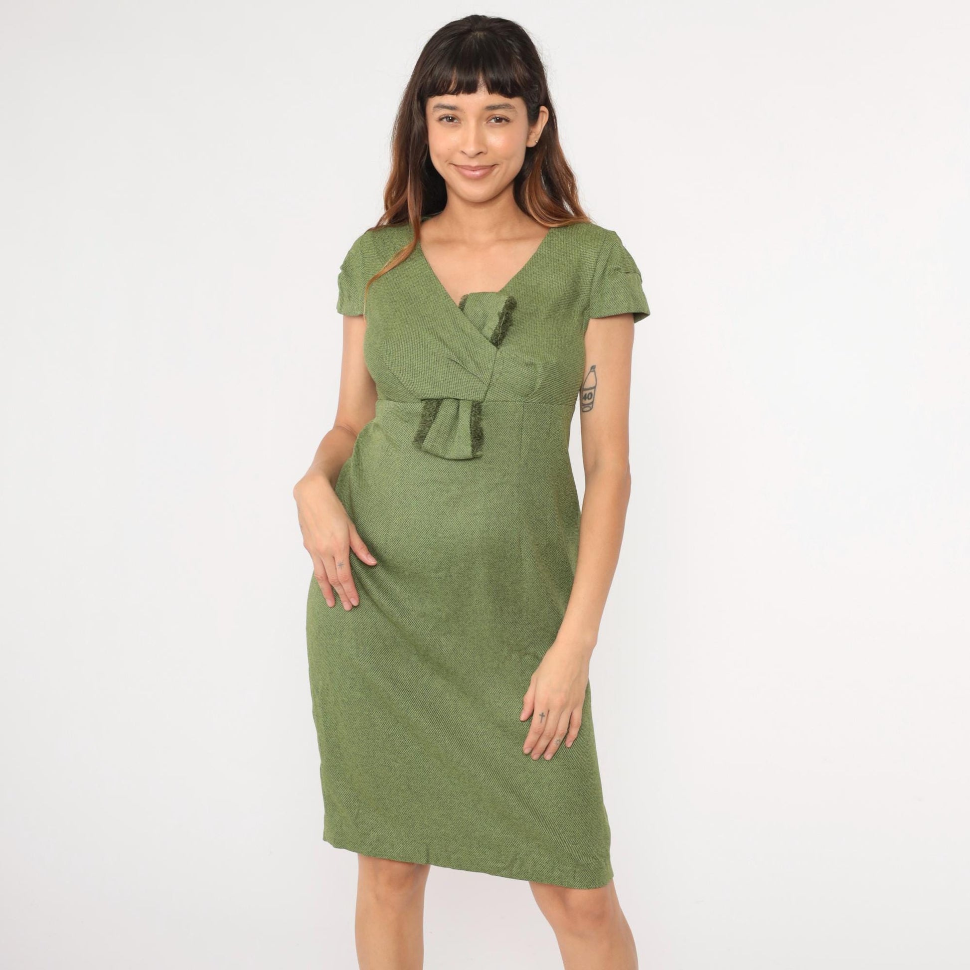90s Y2K Julian Taylor Olive Green Pencil Dress Fringe Bust Empire Waist Medium