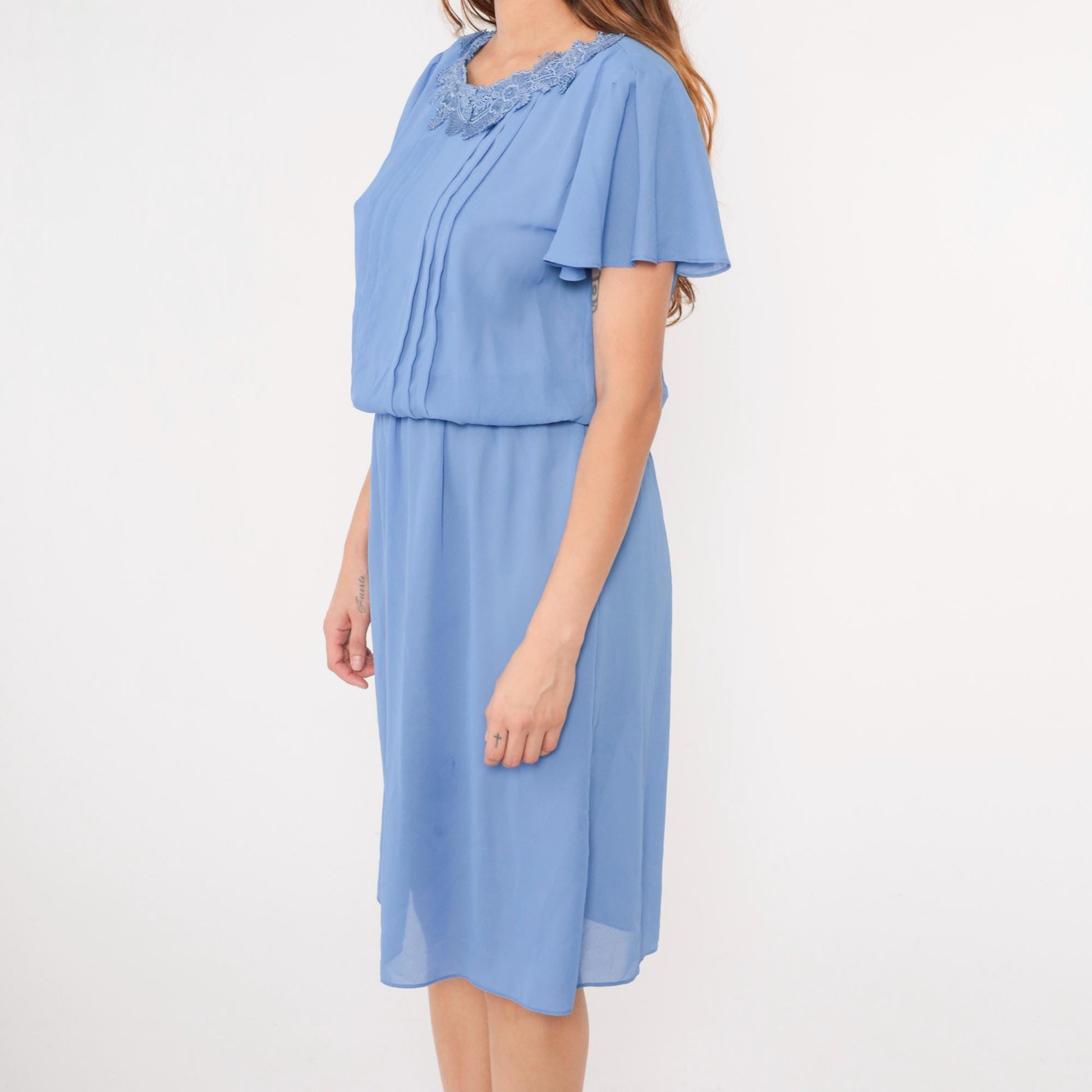 80s Blue Midi Dress Lace Collar Flutter Sleeve High Waist Pleated Medium