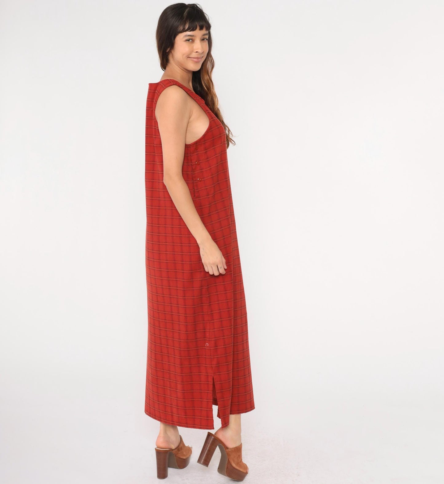 90s Red Checkered Maxi Pinafore Dress Scoop Neck Side Buttons Medium