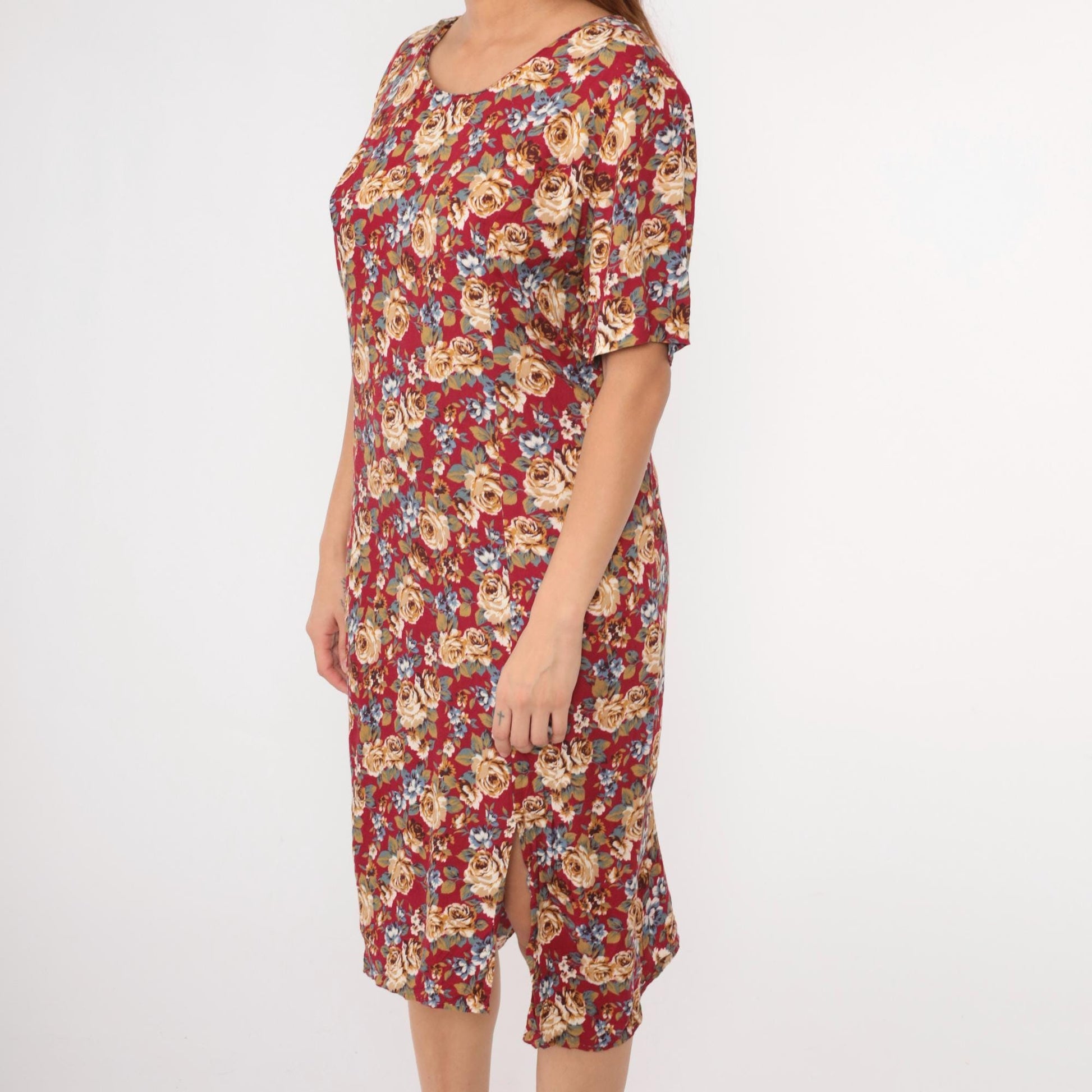 90s Red Floral Midi Dress Side Slit Sheath Princess Seam Medium Large