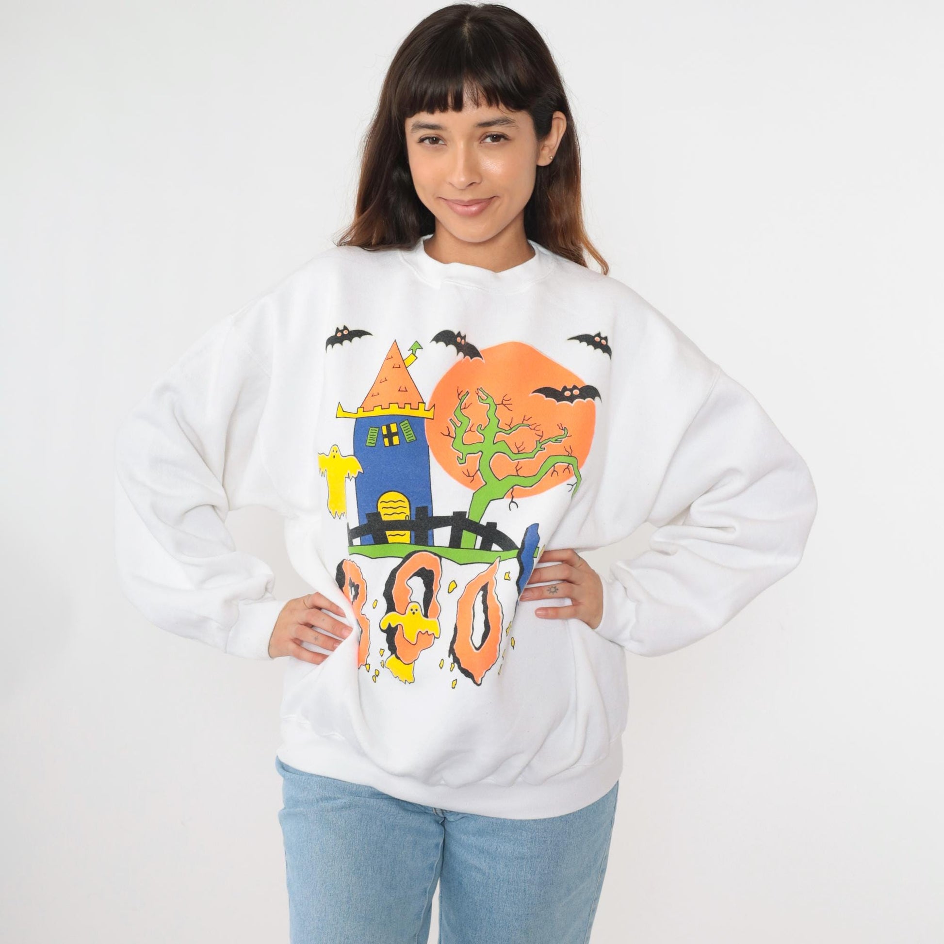 90s Tultex Halloween Sweatshirt Haunted House Boo Ghosts White Extra Large XXL