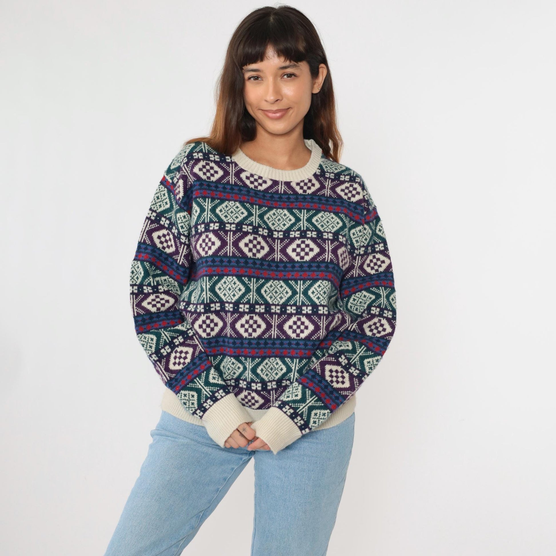 80s Nordic Geometric Fair Isle Sweater Green Purple Knit Pullover Large L