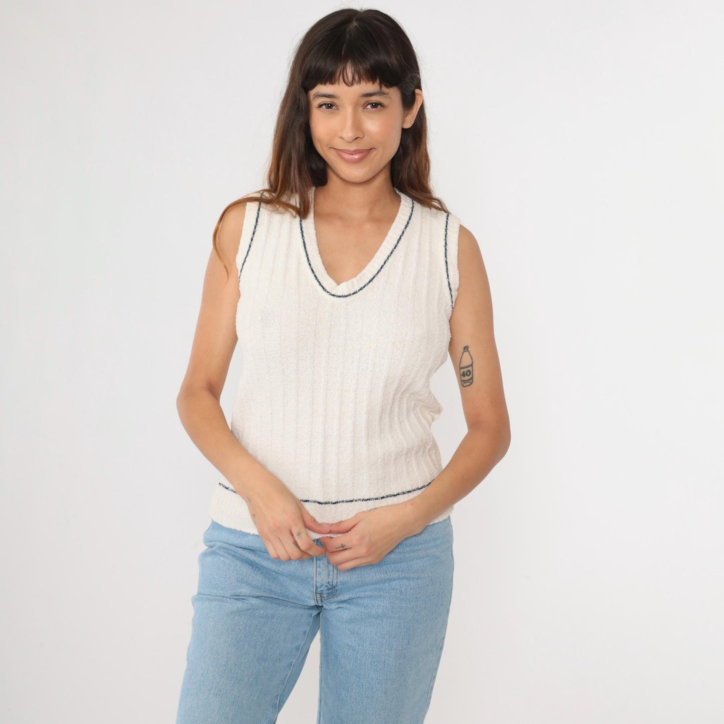 70s Sabra Sweater Vest White Ribbed Knit V-Neck Navy Trim Small