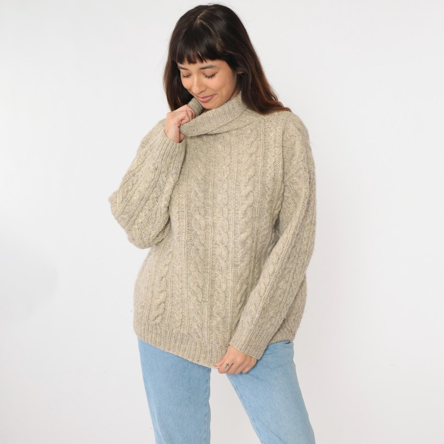80s Beige Cable Knit Turtleneck Sweater Flecked Pullover Large