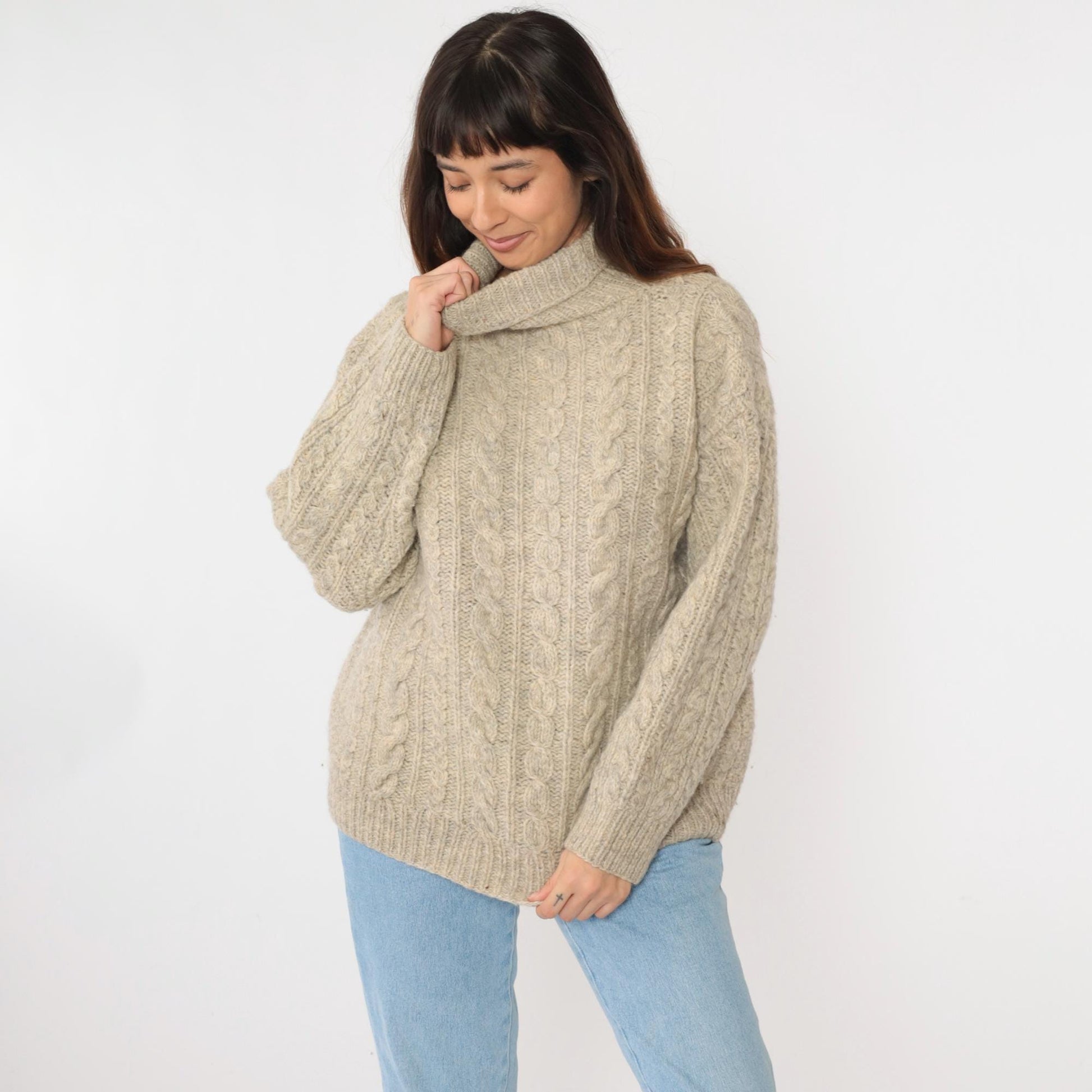 80s Beige Cable Knit Turtleneck Sweater Flecked Pullover Large