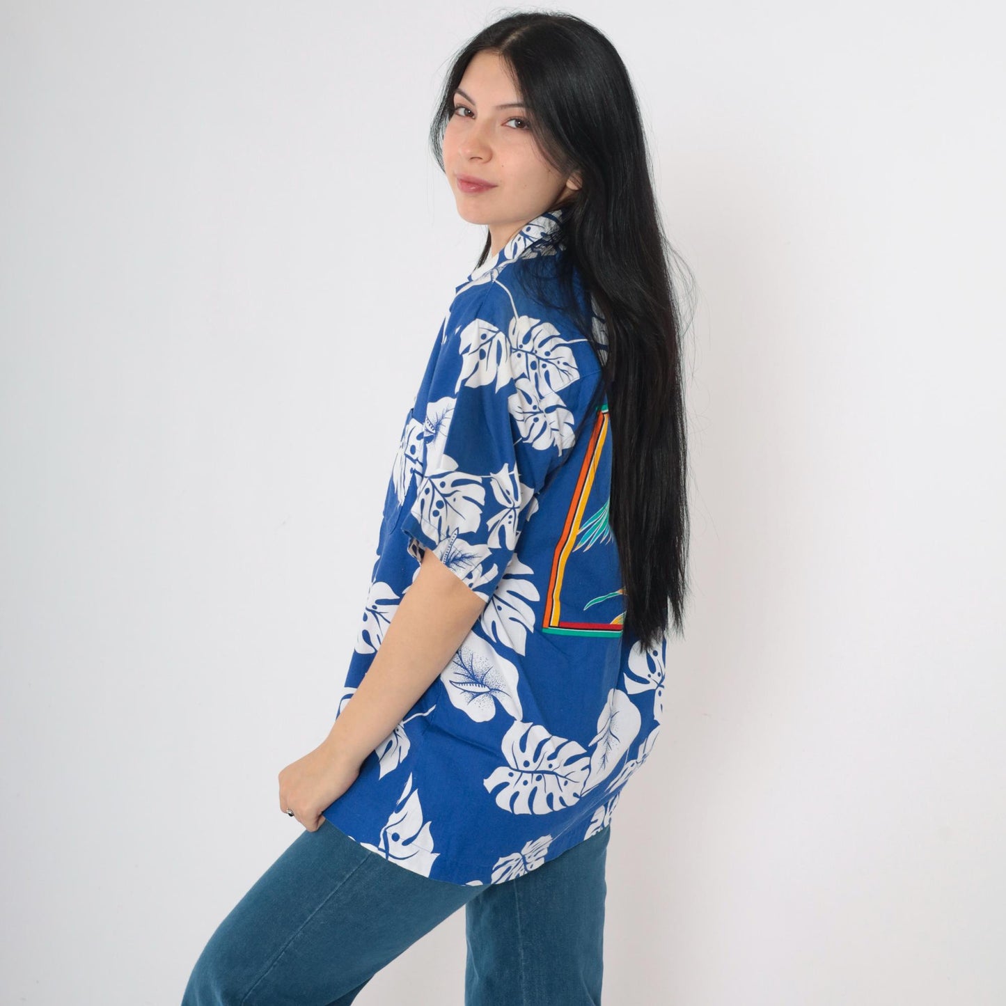 90s Newport Blue Hawaiian Shirt Toucan Monstera Tropical Floral Large L