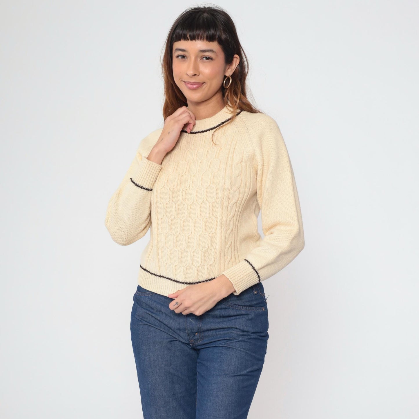 60s Cable Knit Sweater Cream Pullover Raglan Honeycomb Texture Small