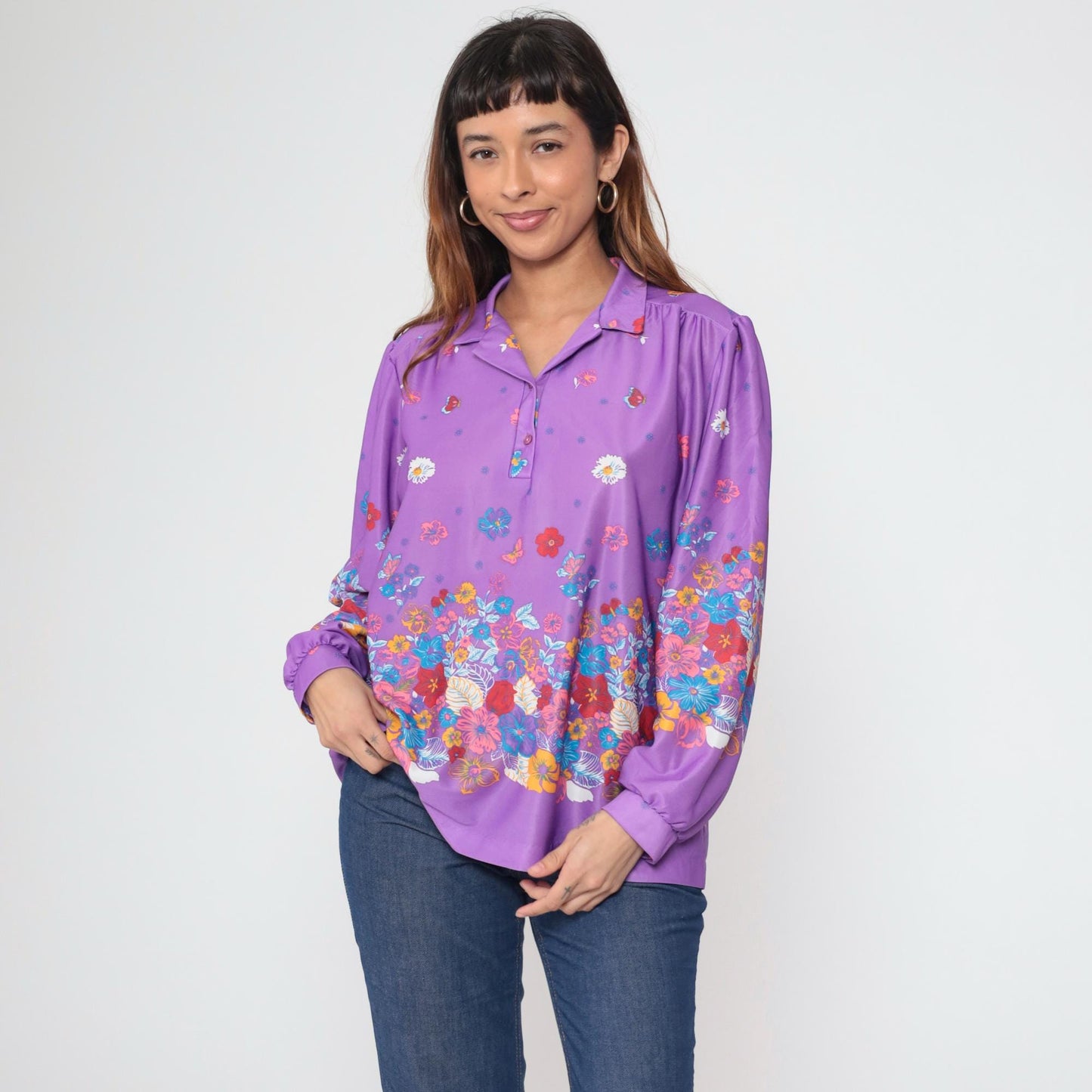 70s Penny Lou Floral Butterfly Blouse Purple Puff Sleeve Button Up Extra Large