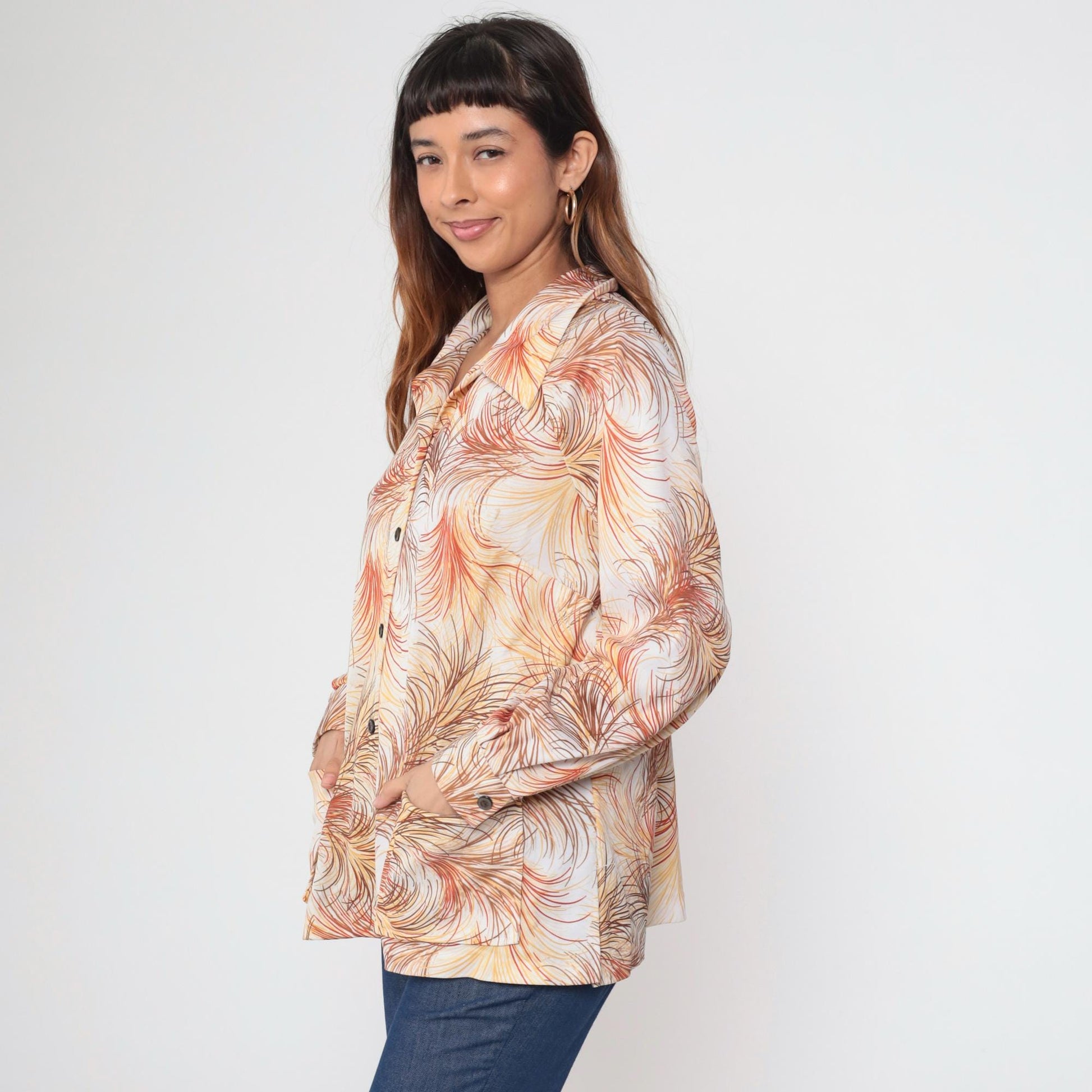 70s Abstract Feather Print Button Up Blouse Dagger Collar Yellow Orange Brown Extra Large