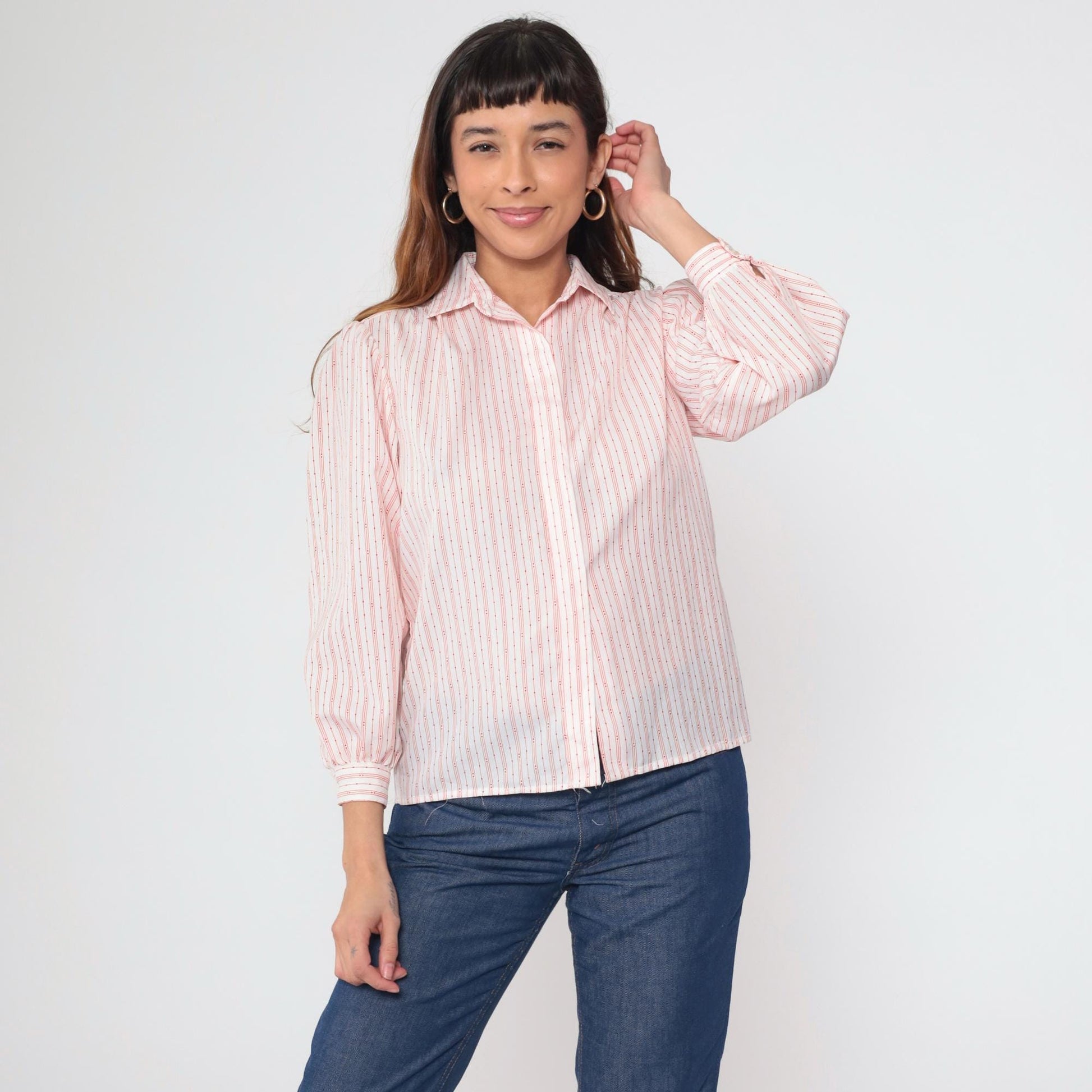 80s Striped Puff Sleeve Button-Up Blouse White Red Small S