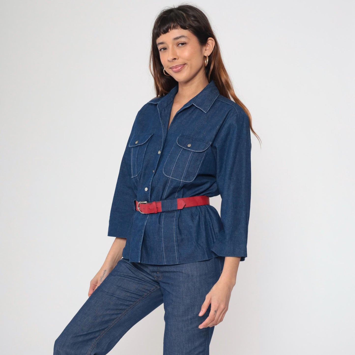 80s Willi of California Chambray Blouse Button-Up Pointed Collar Blue Medium