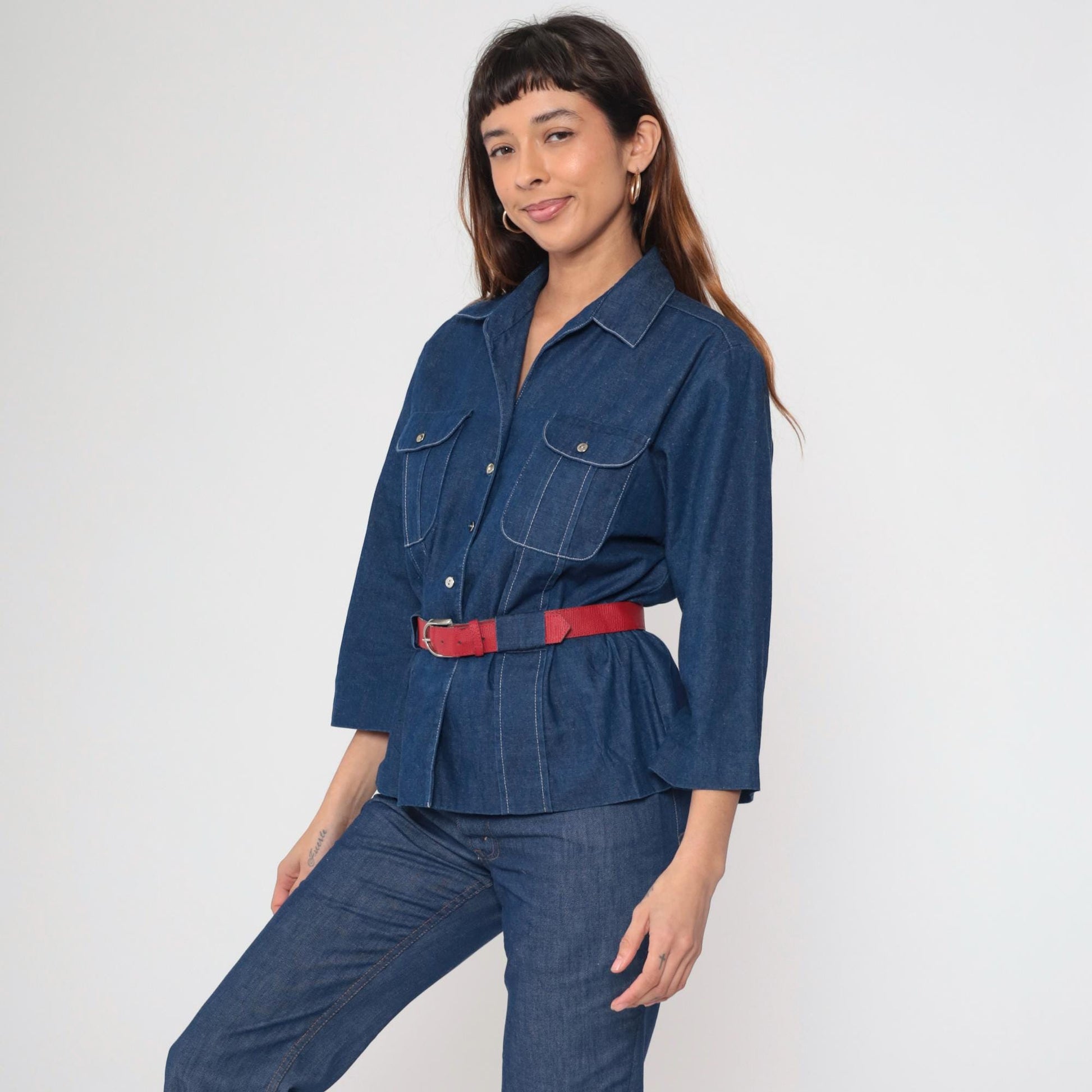 80s Willi of California Chambray Blouse Button-Up Pointed Collar Blue Medium