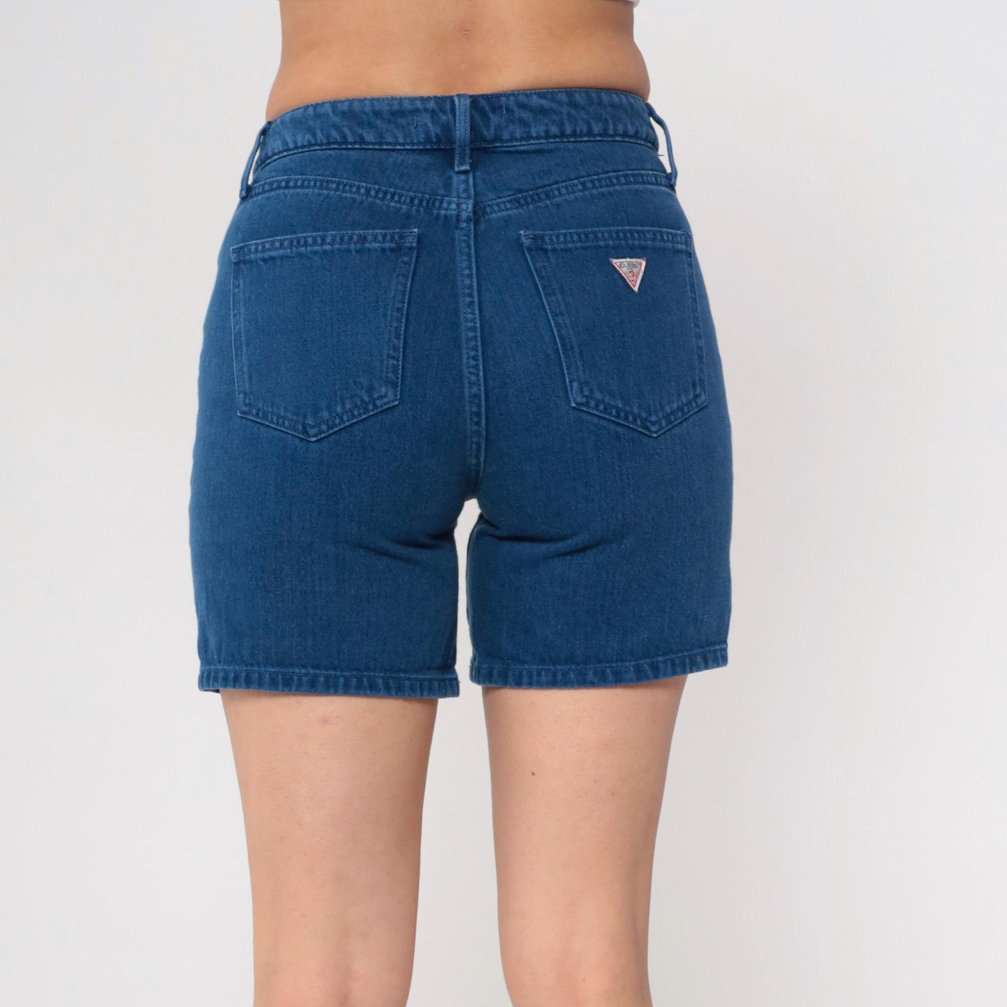 Y2K Guess Dark Wash High-Waisted Jean Shorts Triangle Logo Small 26