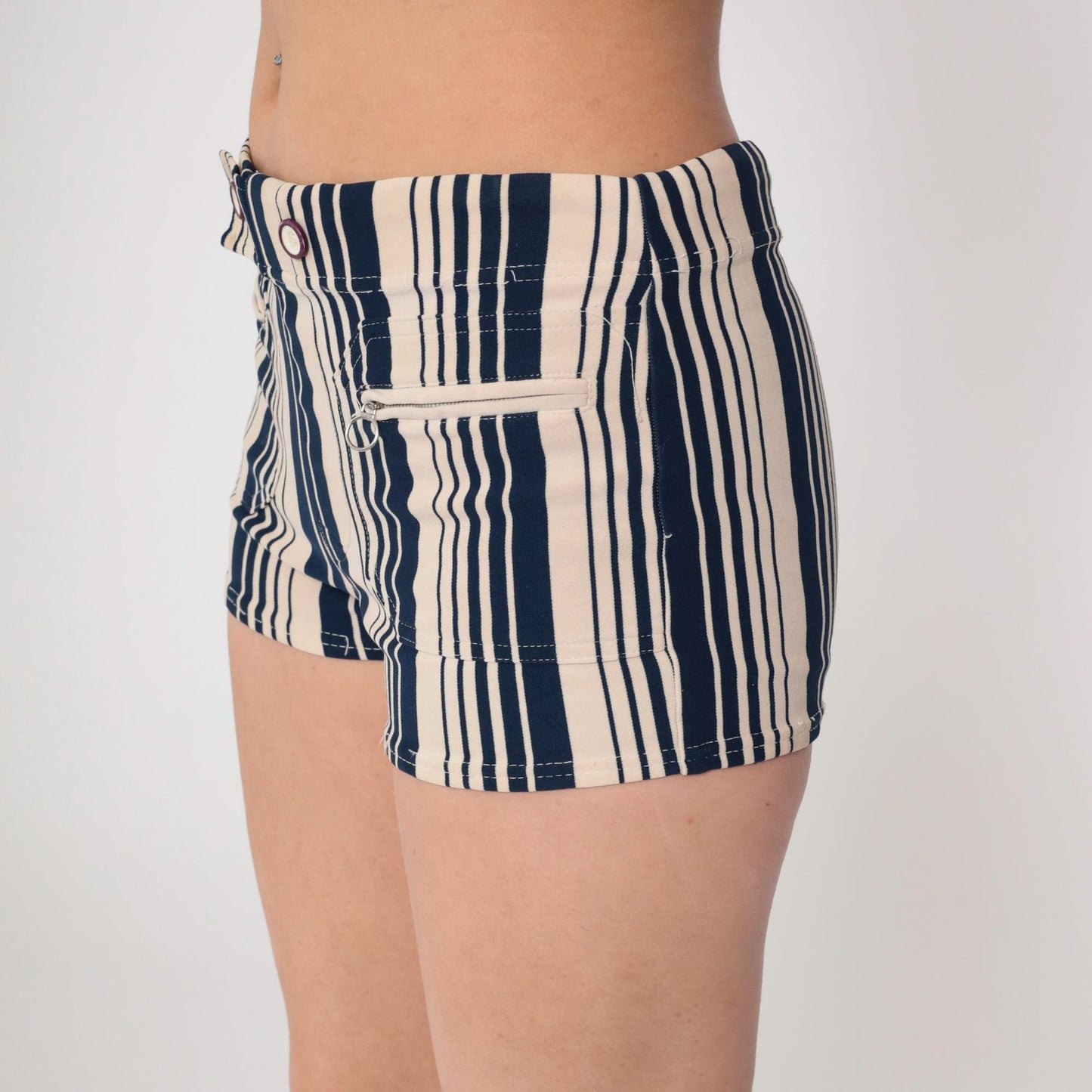 70s Catalina Striped Swim Shorts Navy Beige High-Waisted Bikini Bottom Small