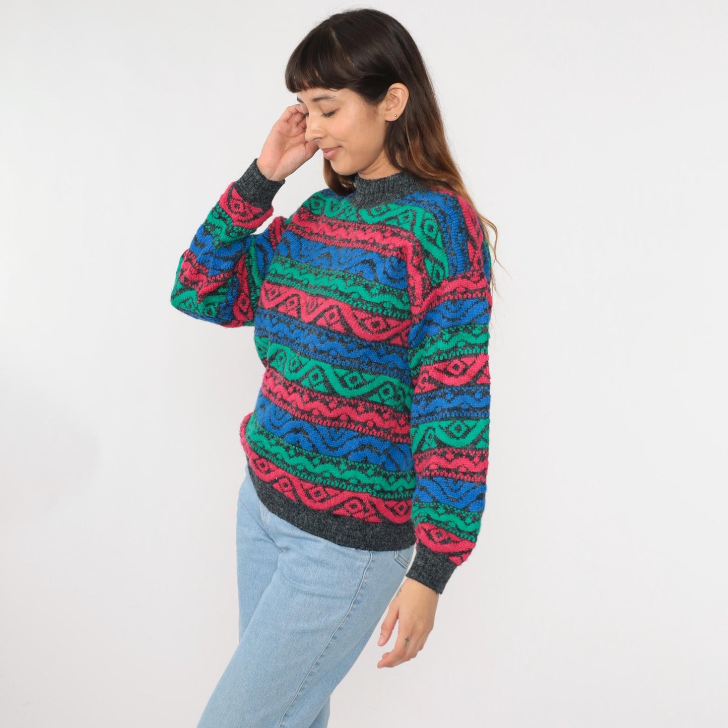80s Nan Dorsey Geometric Striped Mock Neck Sweater Blue Green Red Medium