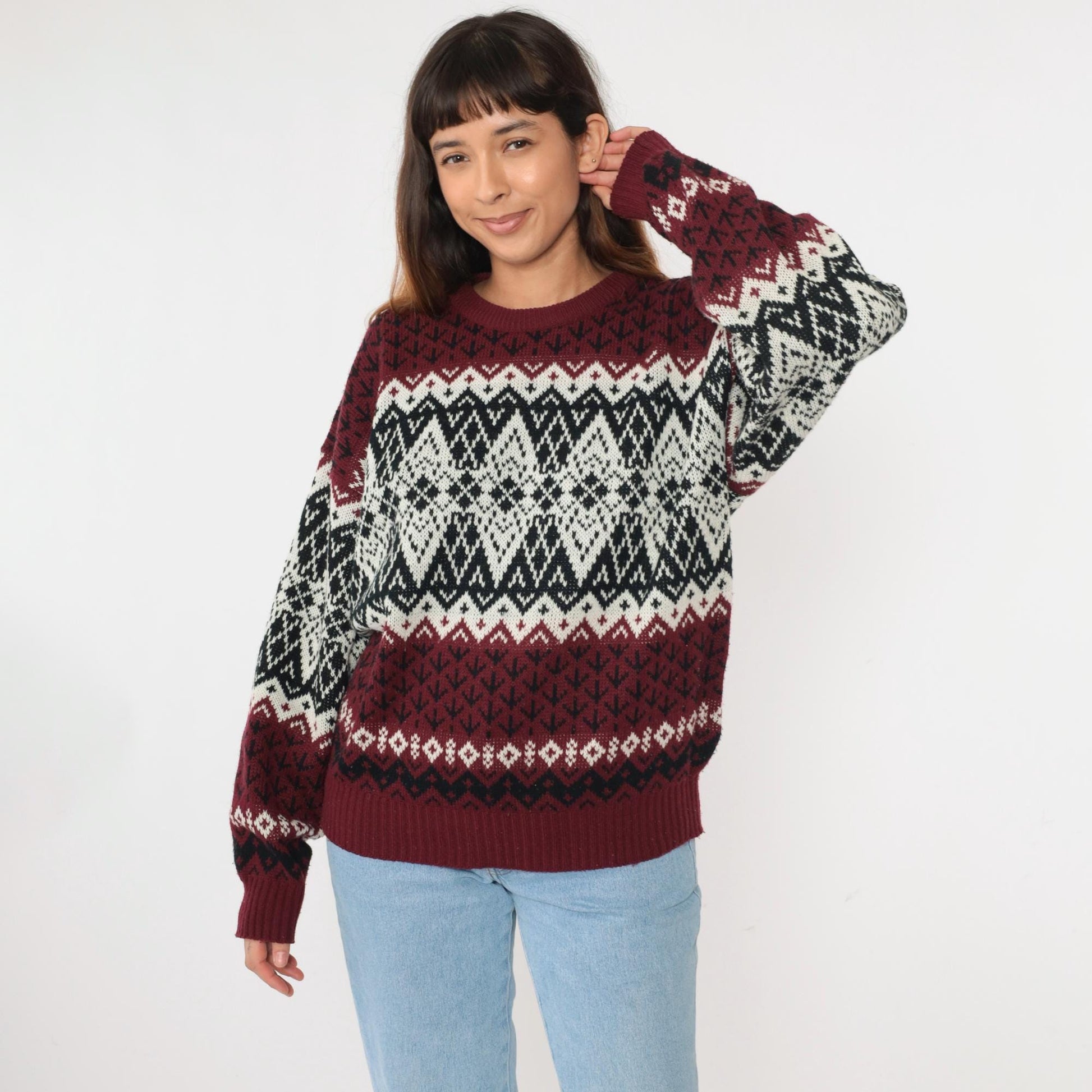90s Fair Isle Sweater Maroon Black White Geometric Knit Pullover Extra Large