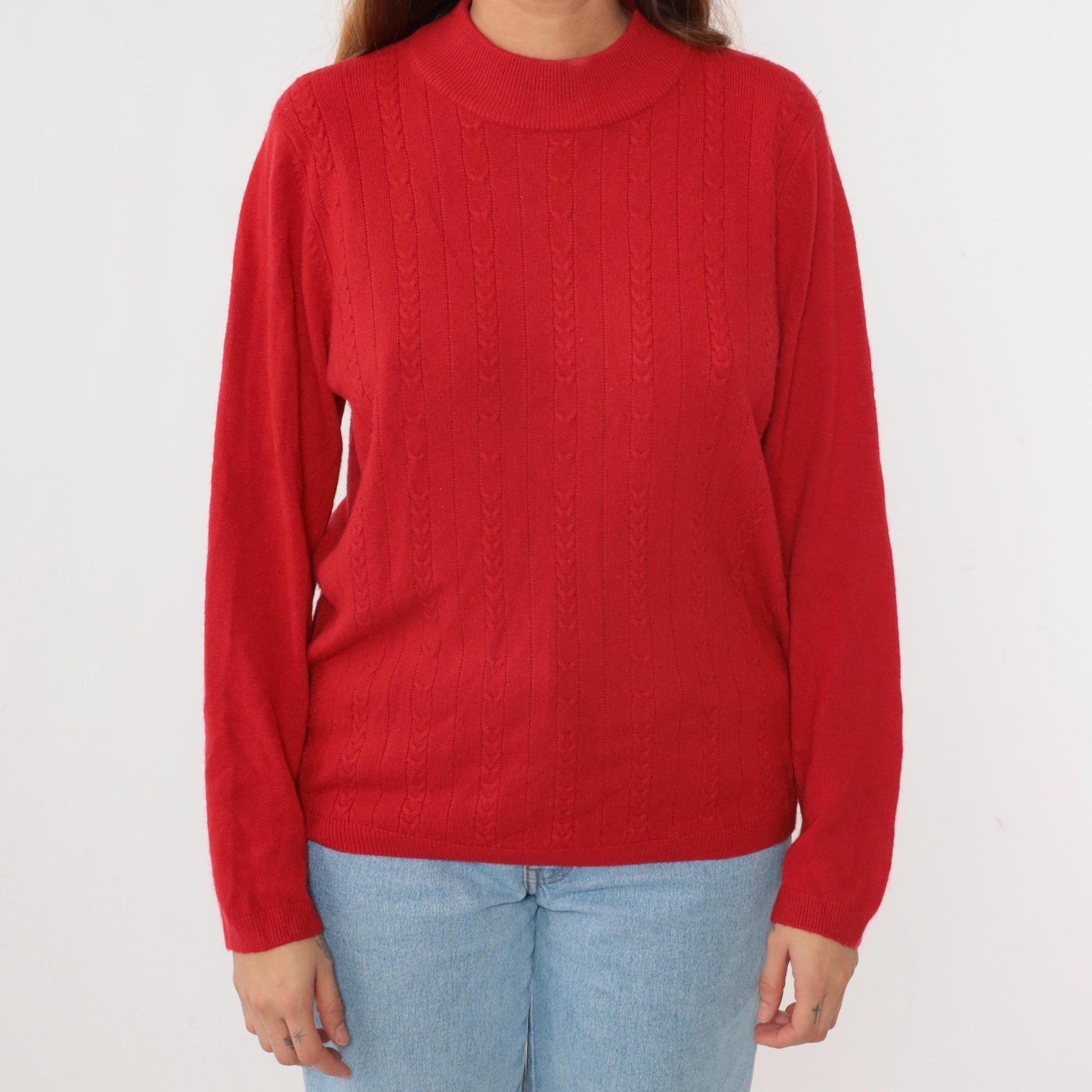 90s Alison Daley Red Cable Knit Mock Neck Sweater Large L