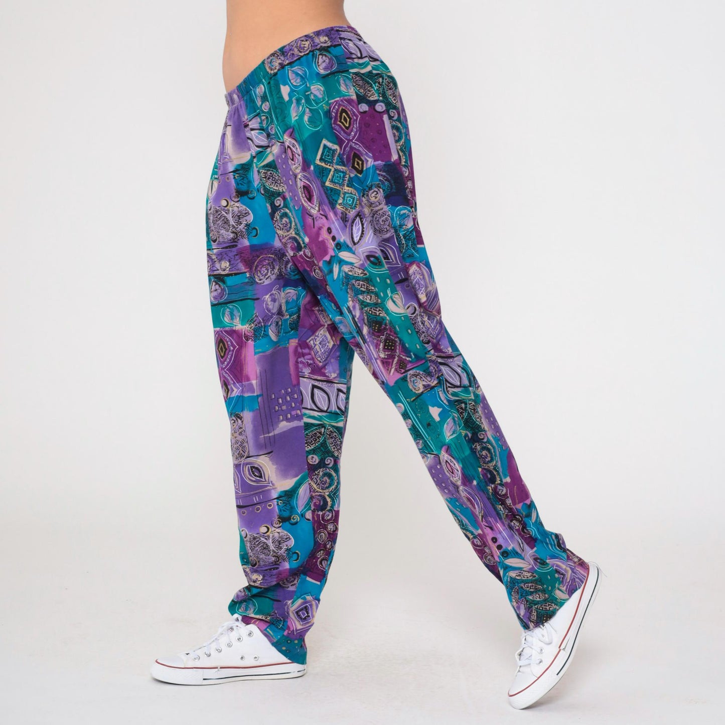90s Fritzi Plus Sports Parachute Pants Geometric Leaf Print Purple Green Gold Trim 1X