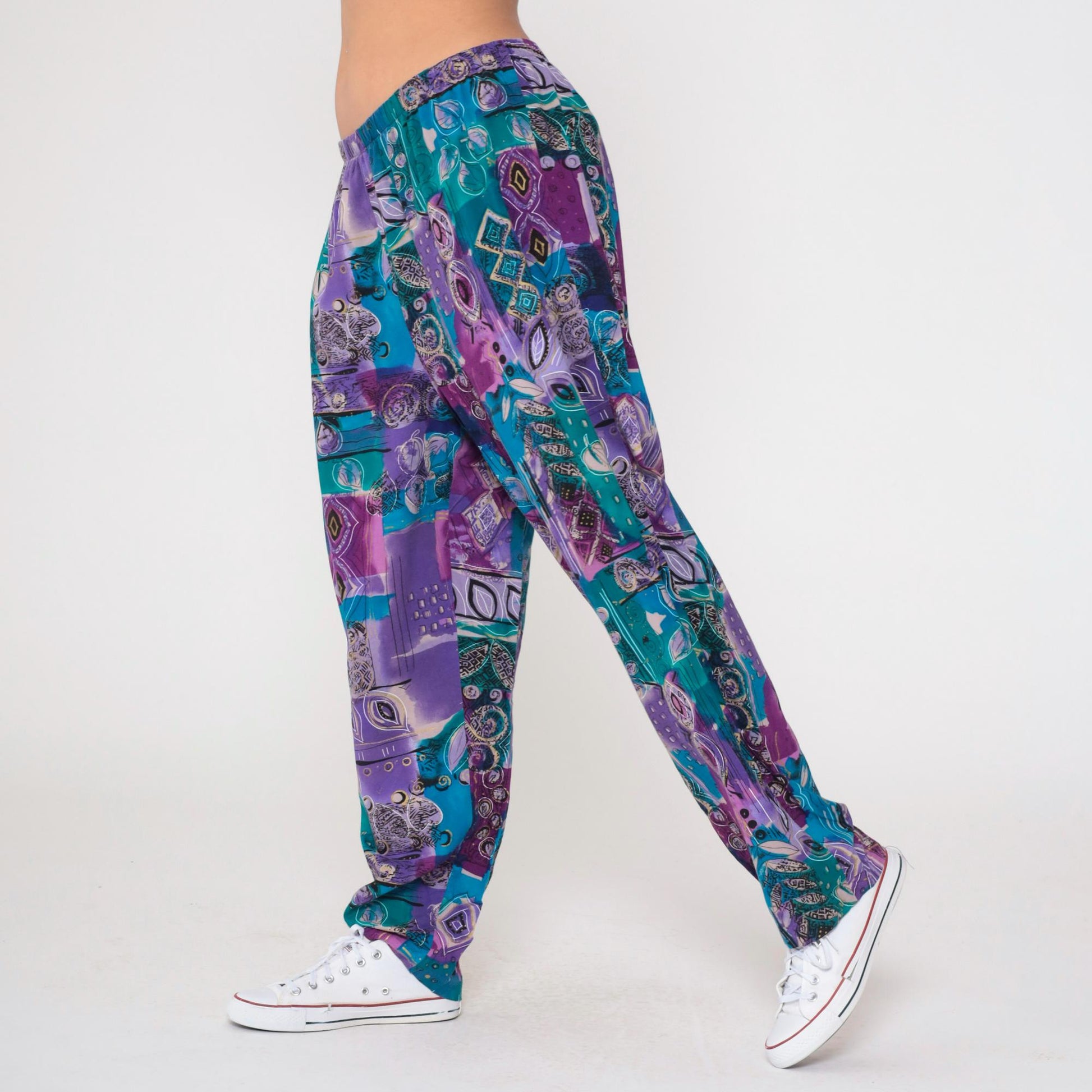 90s Fritzi Plus Sports Parachute Pants Geometric Leaf Print Purple Green Gold Trim 1X