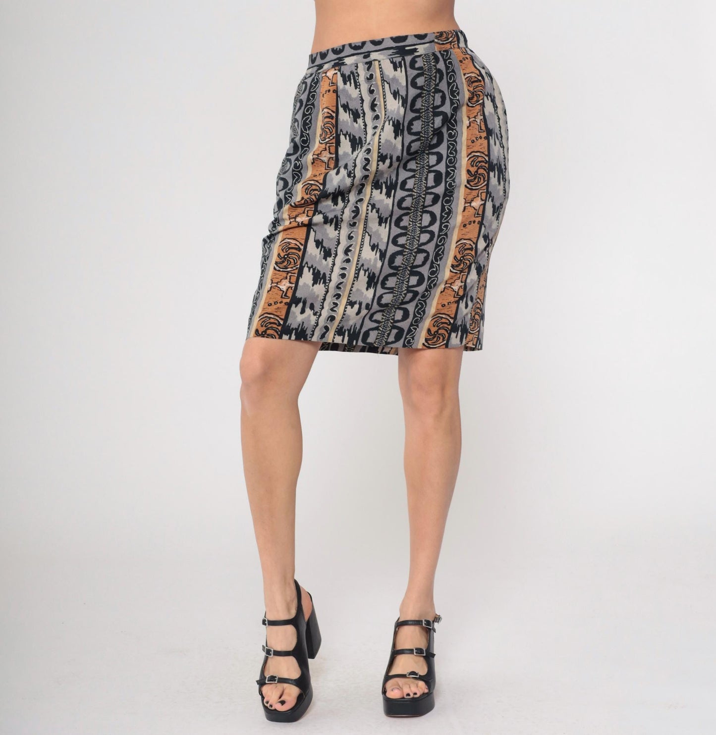 90s Geometric Striped Mini Skirt High Waisted Pencil Grey Black Tan Medium