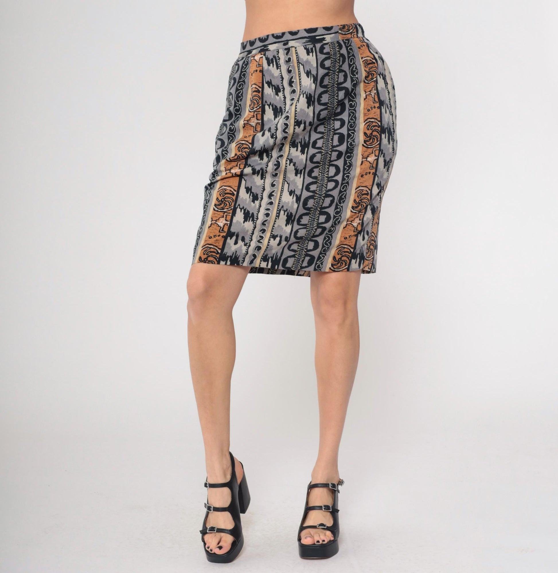 90s Geometric Striped Mini Skirt High Waisted Pencil Grey Black Tan Medium