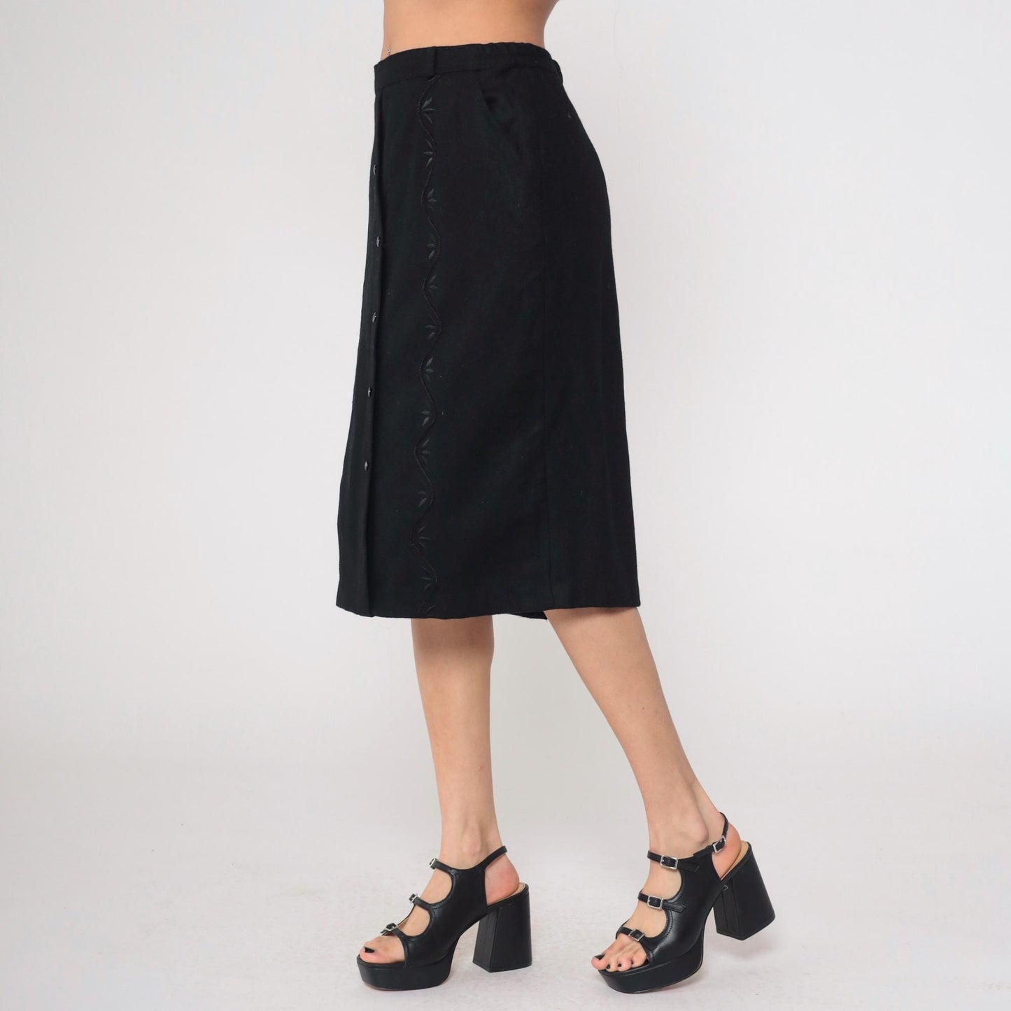 90s Black Floral Embroidered Button-Up Pencil Skirt Knee Length Medium