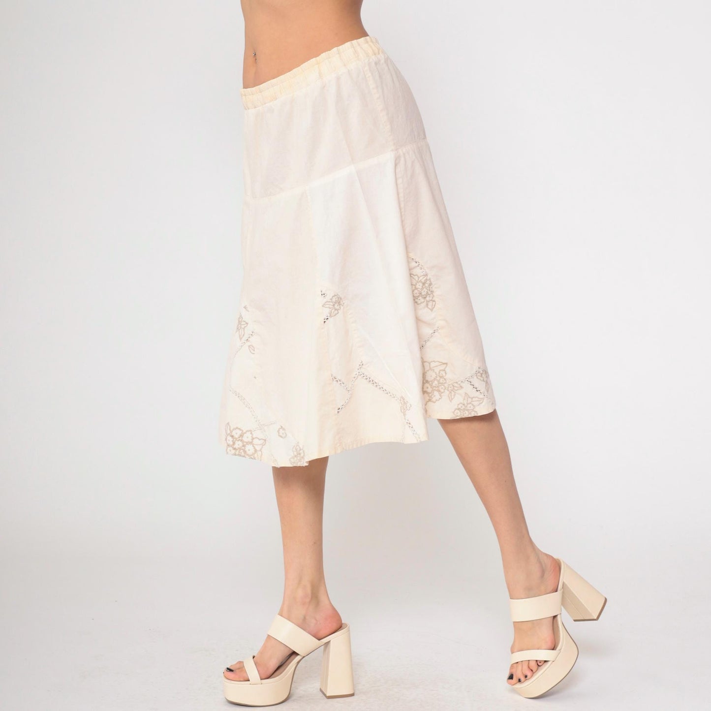 00s Floral Embroidered Cream A-Line Midi Skirt Elastic Waist Large L