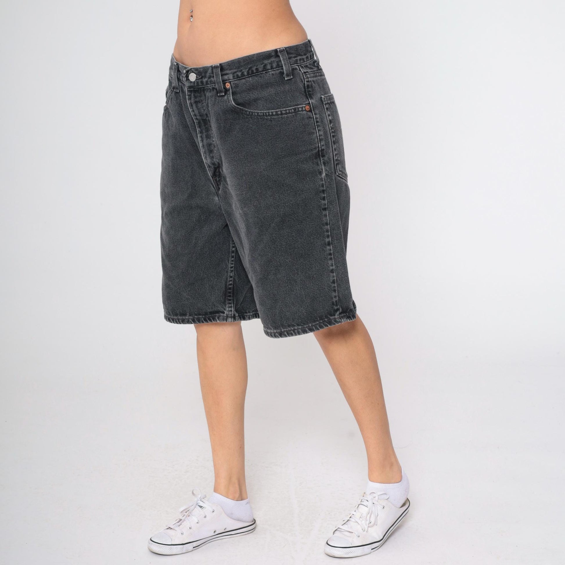 90s Levi's 550 Black Denim Shorts High Waist Knee Length Men's 38