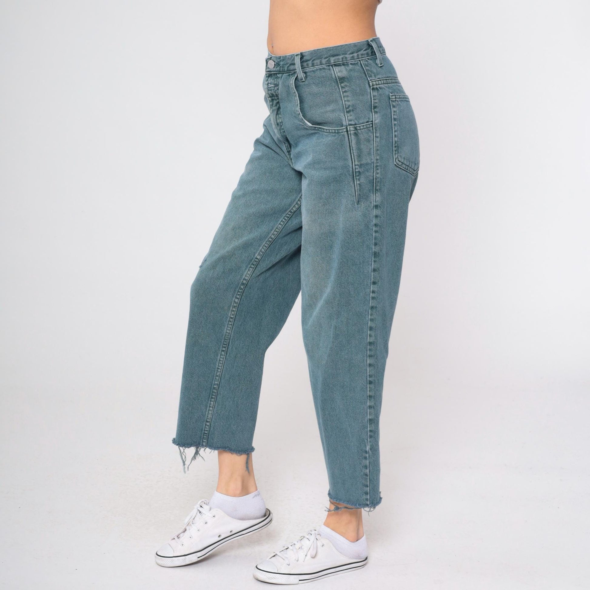 90s Guess Jeans High Rise Straight Leg Frayed Cutoff Blue-Green Denim 31