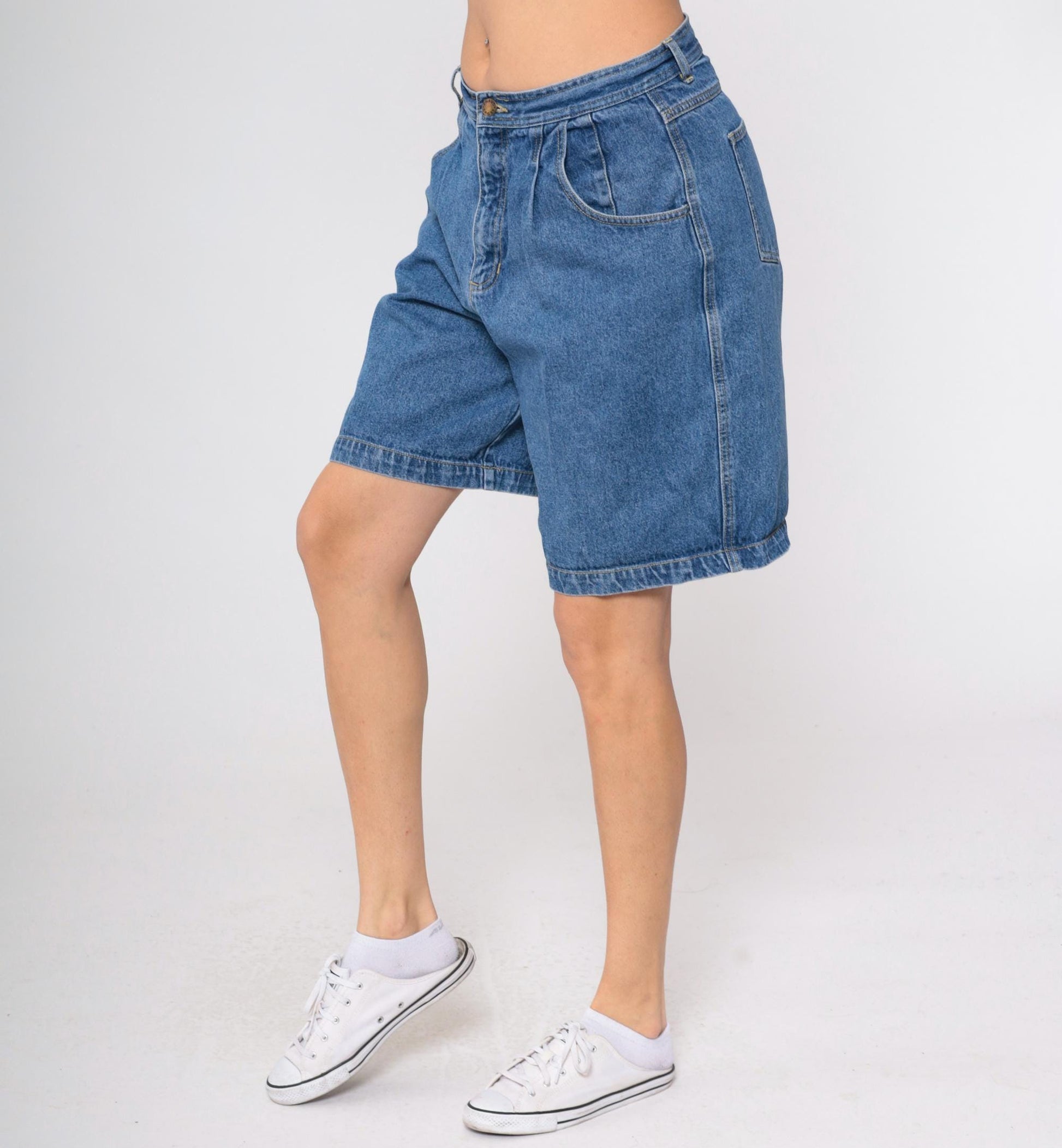 90s Claus Sports High Waisted Pleated Denim Shorts Blue Large