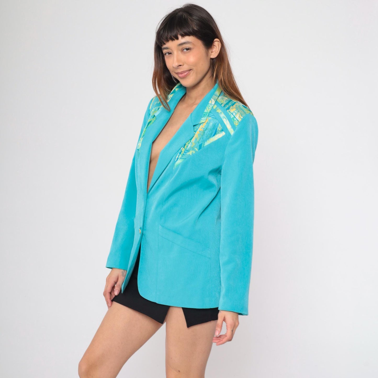 90s Turquoise Geometric Blazer V-Neck Button Jacket Small 6
