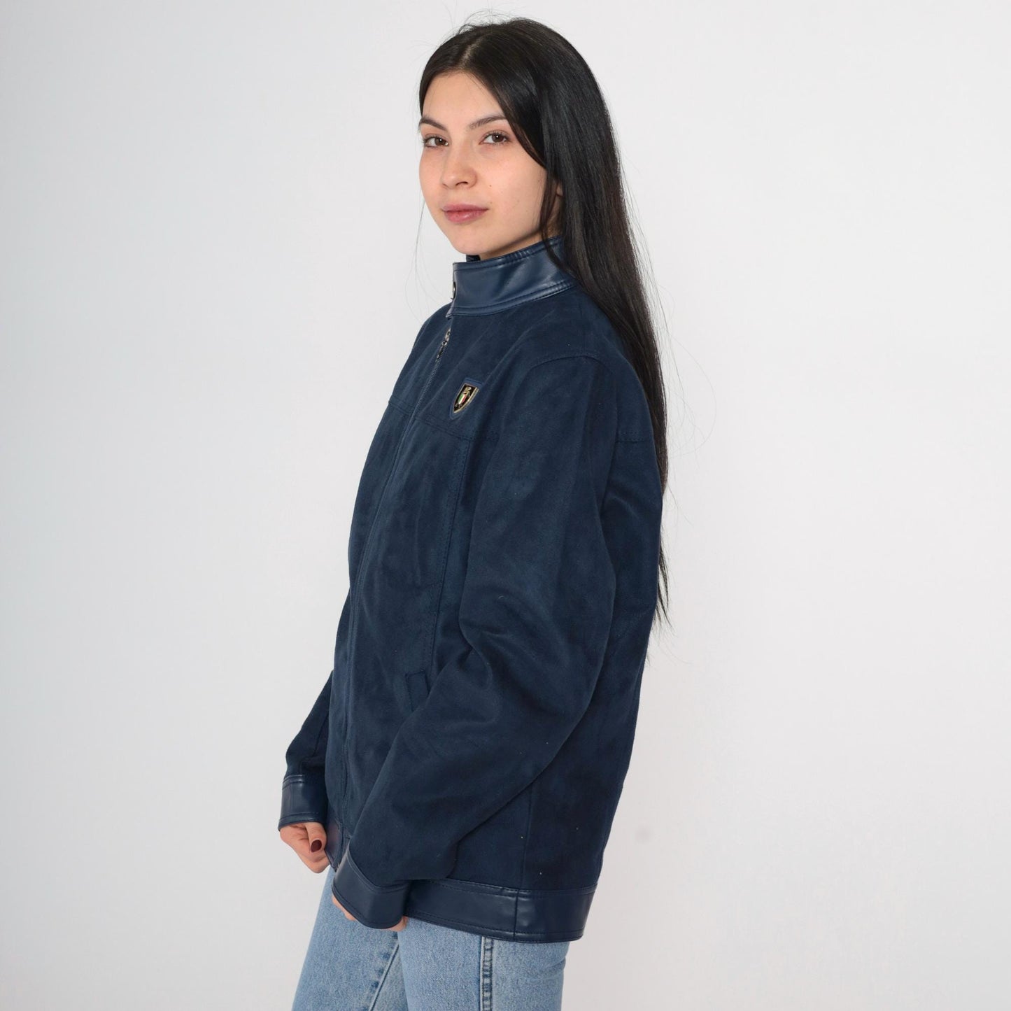 90s Collezioni Italia Faux Suede Jacket Navy Crest Logo Zip Moto Small