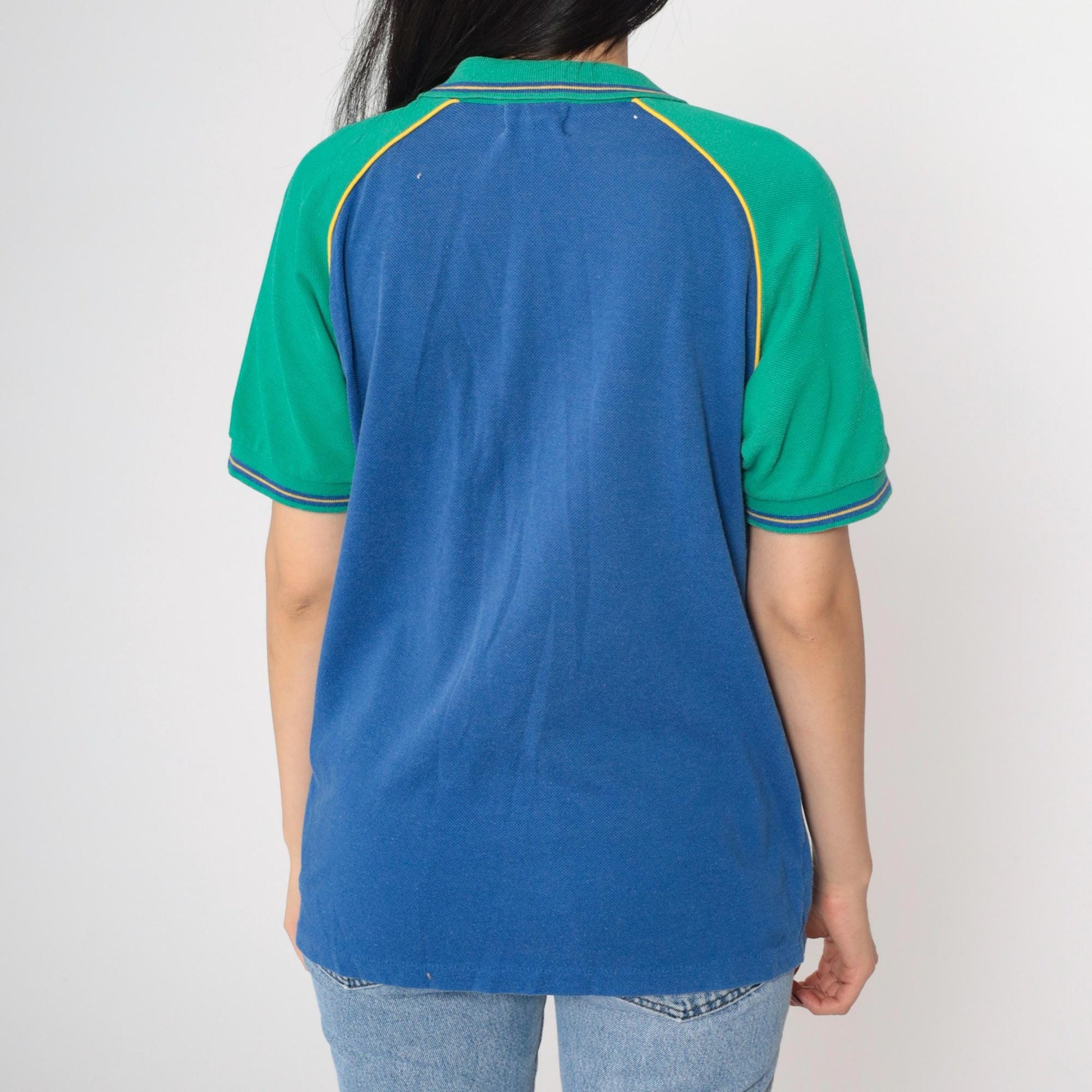 80s Bugle Boy Polo Shirt Colorblock Blue Green Raglan Medium