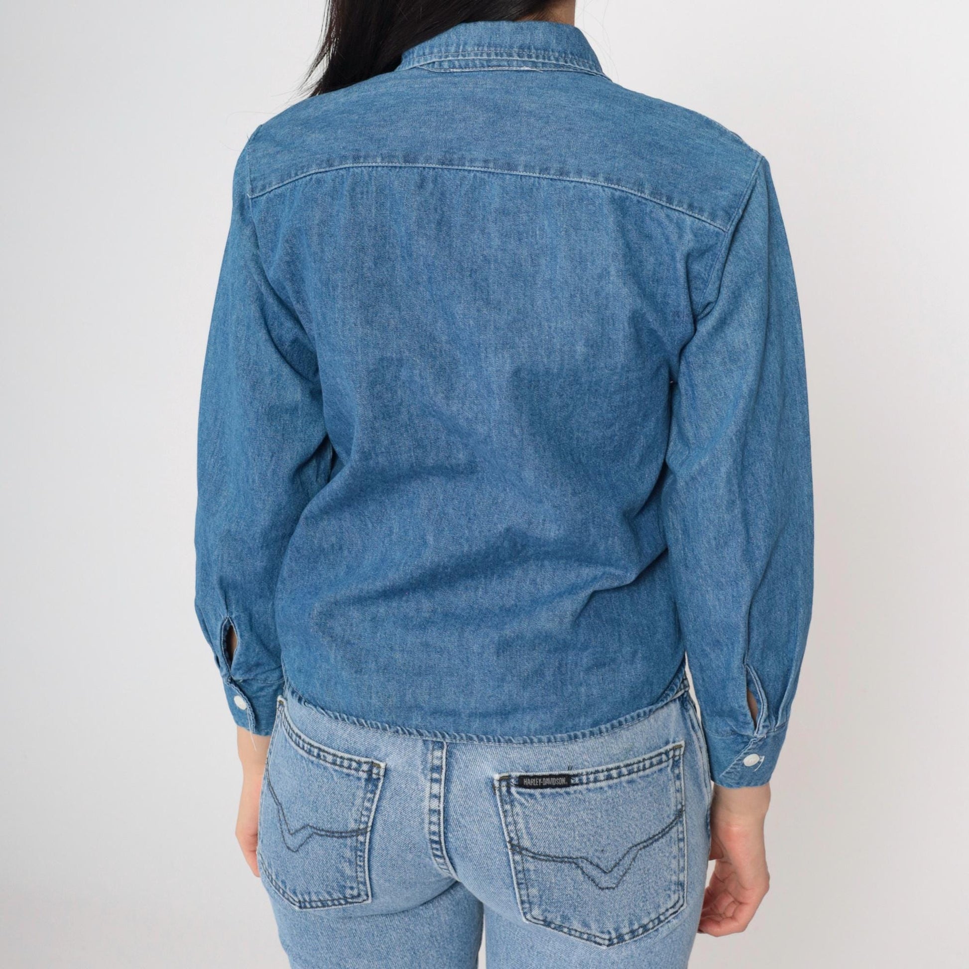 90s Contempo Casuals Denim Button-Up Shirt Blue Cotton Long Sleeve XXS