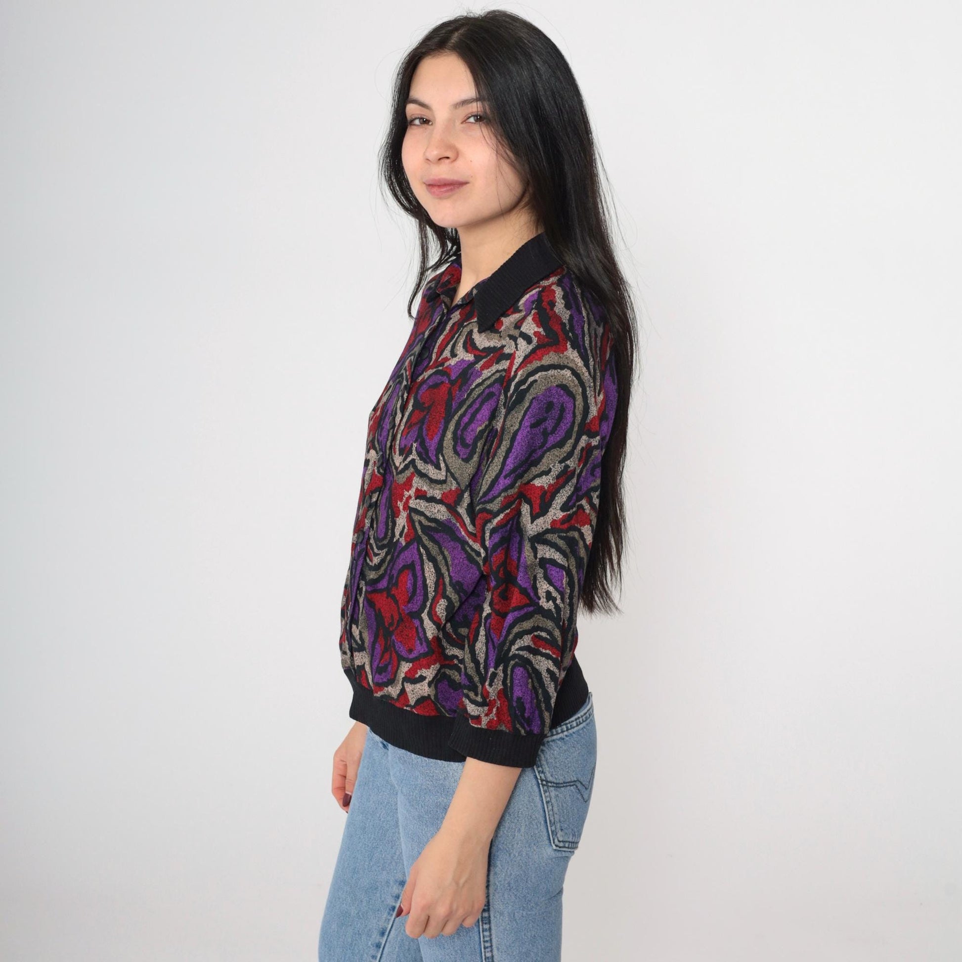 90s Abstract Floral Rayon Button Up Blouse Black 3/4 Sleeve Small S