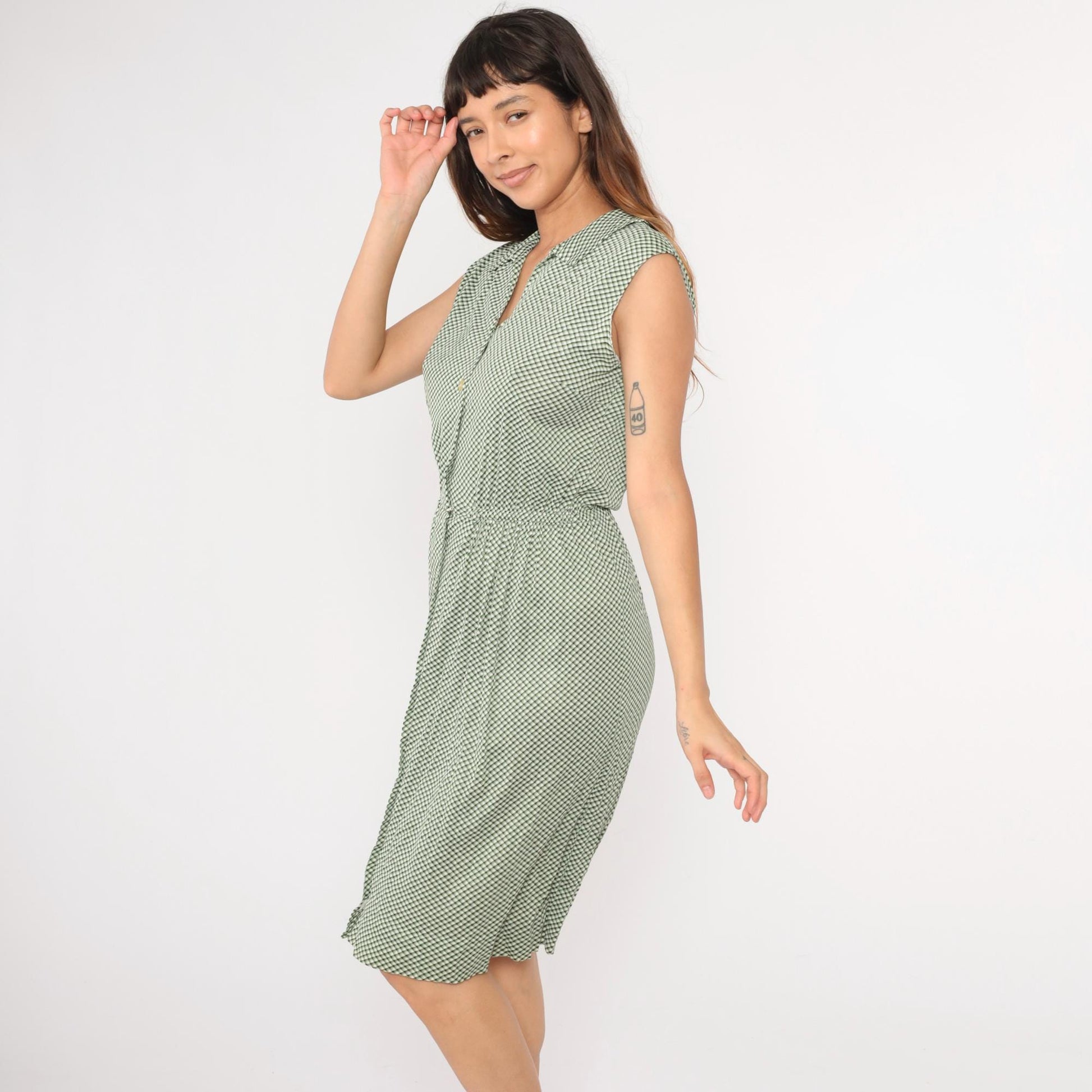 70s Green White Checkered Midi Dress High Waist Sleeveless Button Up Small Medium