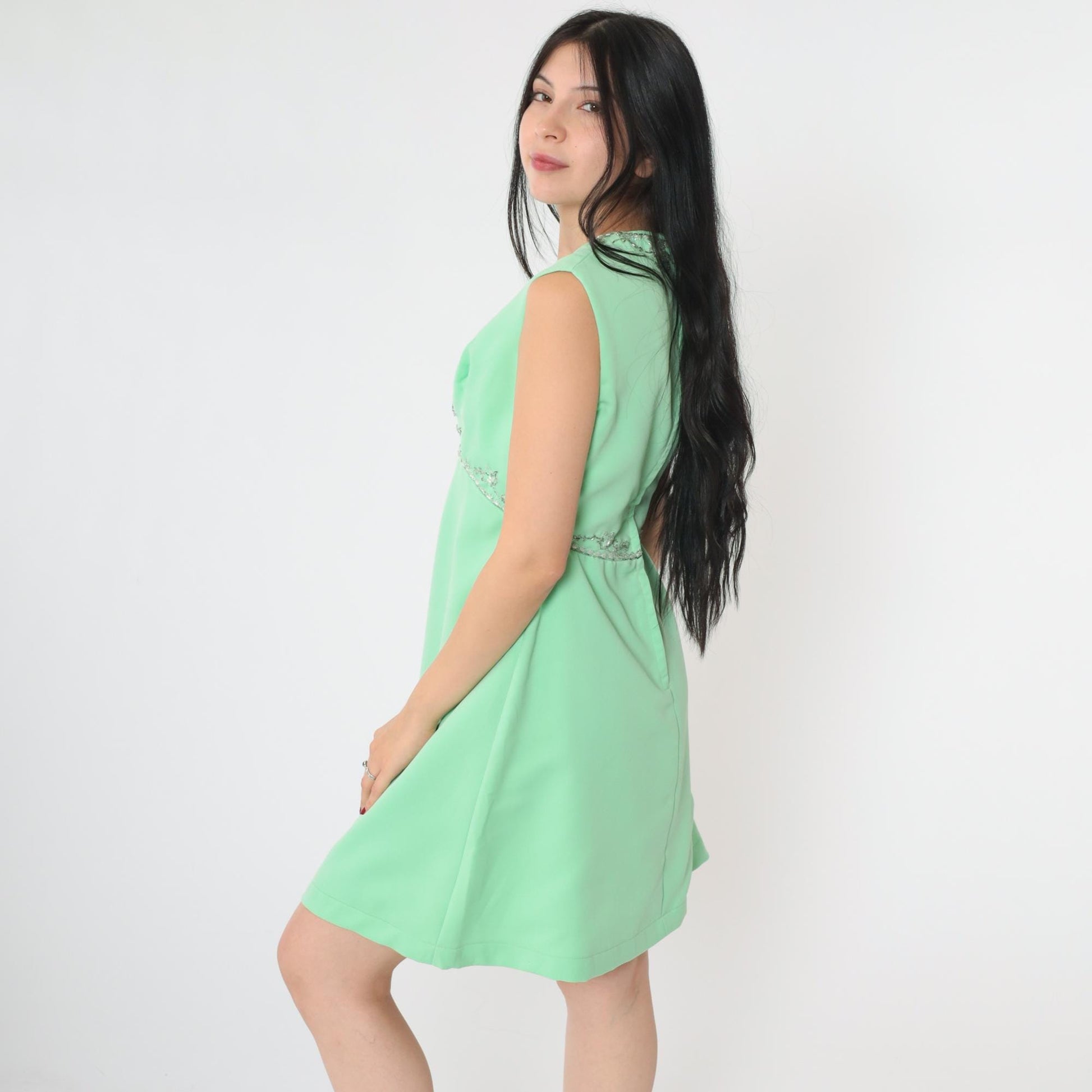 60s Mint Green Beaded Empire Waist Mini Dress Rhinestone Scoop Neck Medium