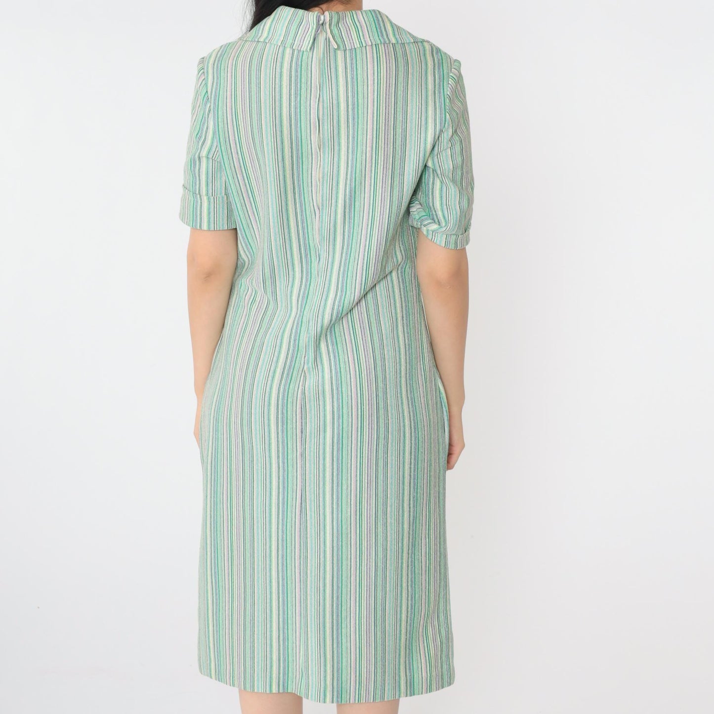 70s Chevron Striped Shift Dress Green Blue Purple Midi Collar Medium