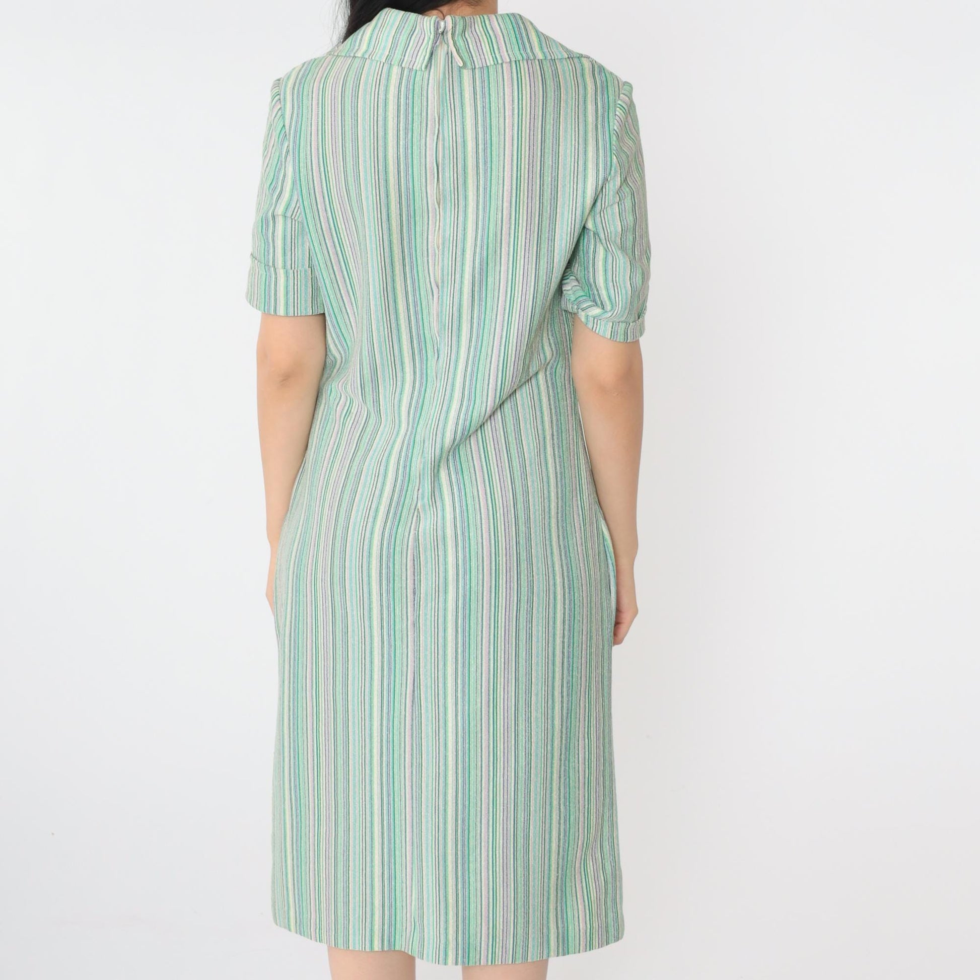 70s Chevron Striped Shift Dress Green Blue Purple Midi Collar Medium