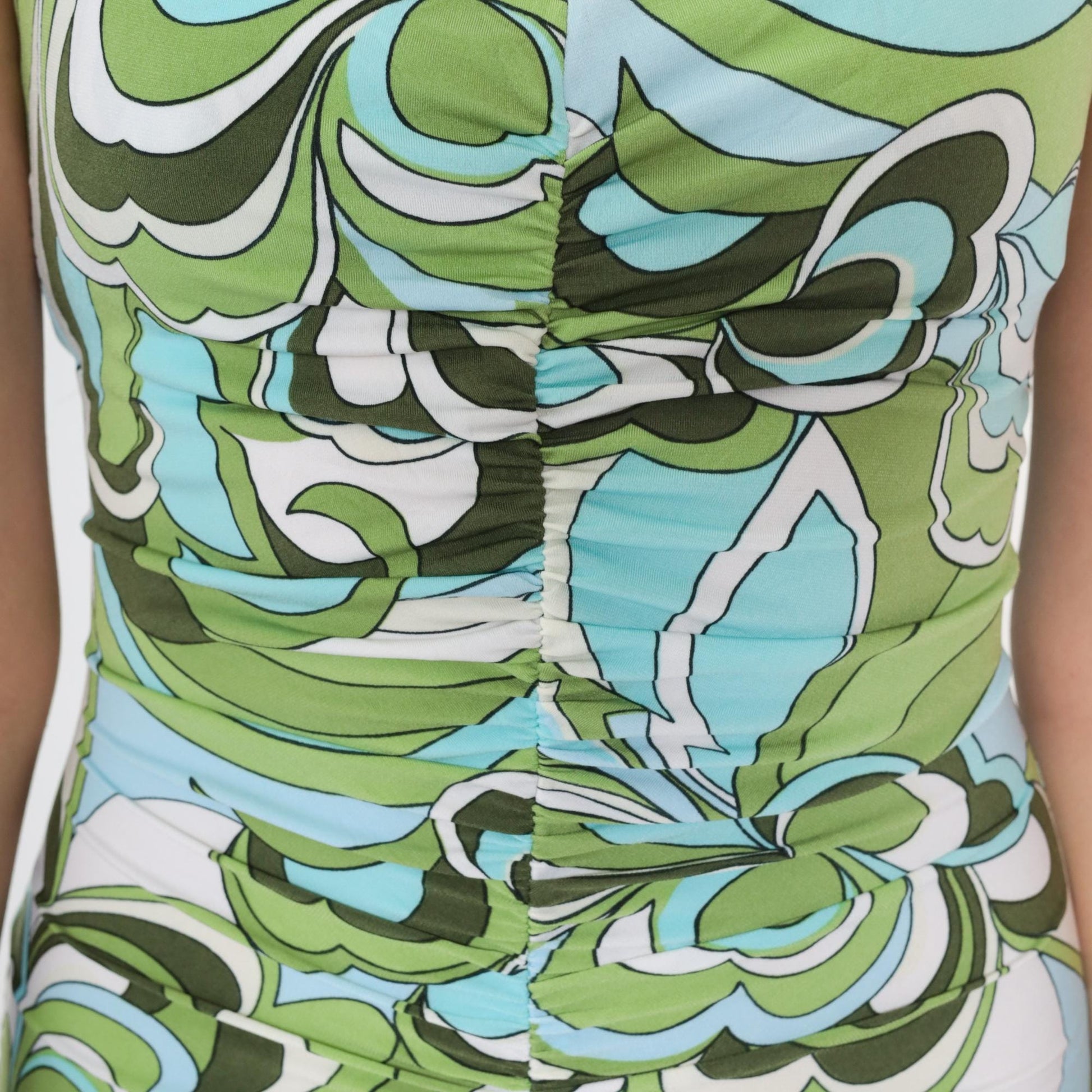 Y2K Psychedelic Floral Mini Dress Green Bodycon Ruched Spaghetti Strap Small
