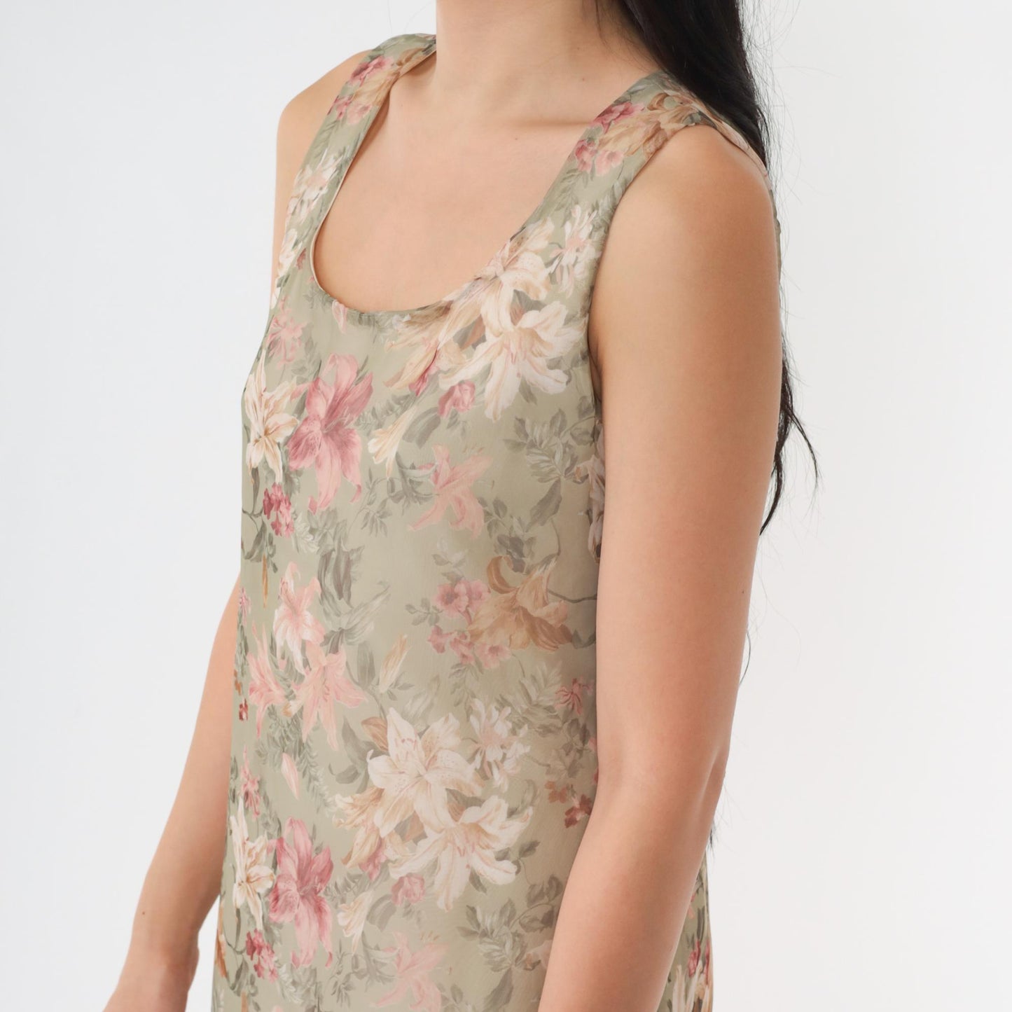 90s Floral Lily Maxi Sundress Soft Green Pink Sleeveless Scoop Neck Small