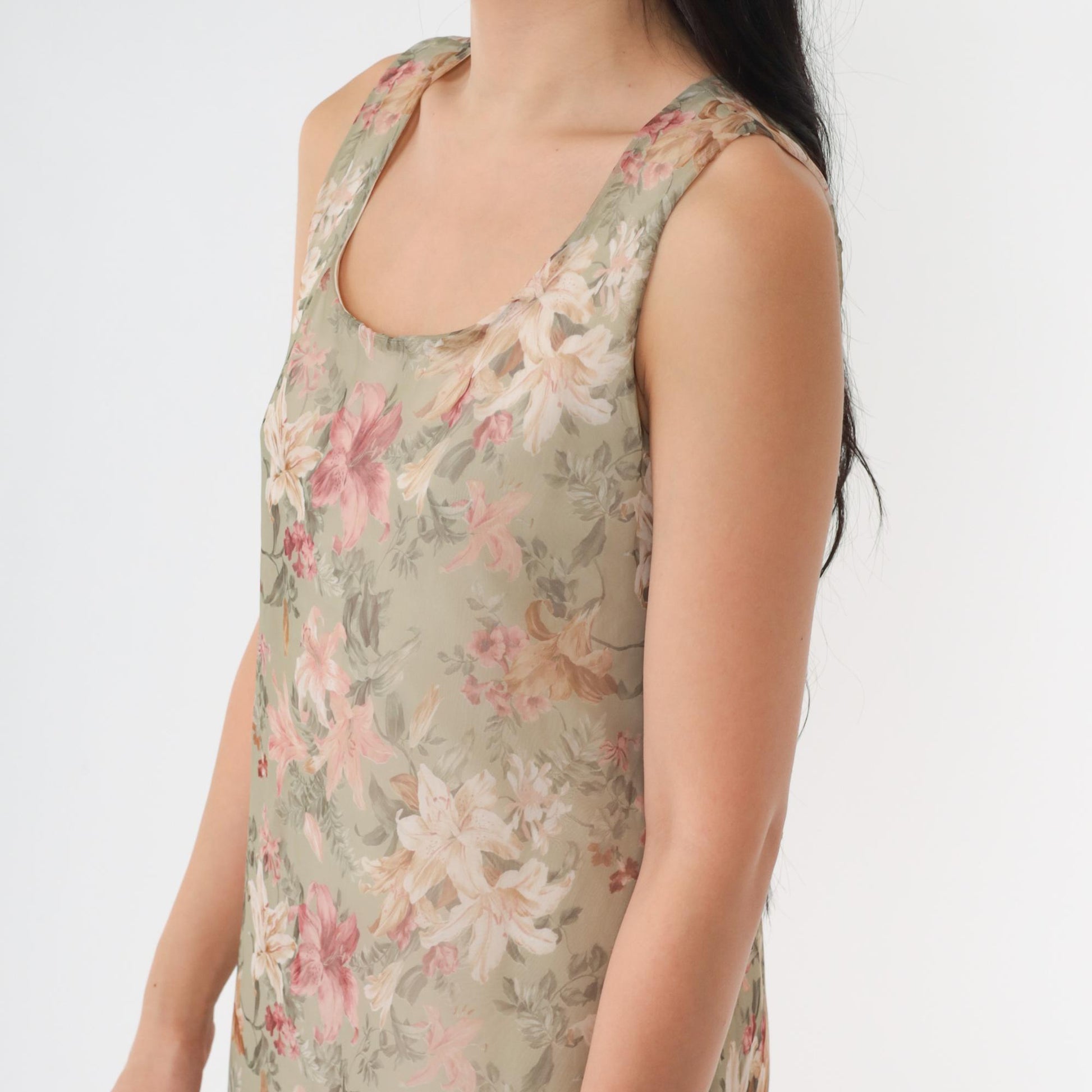 90s Floral Lily Maxi Sundress Soft Green Pink Sleeveless Scoop Neck Small