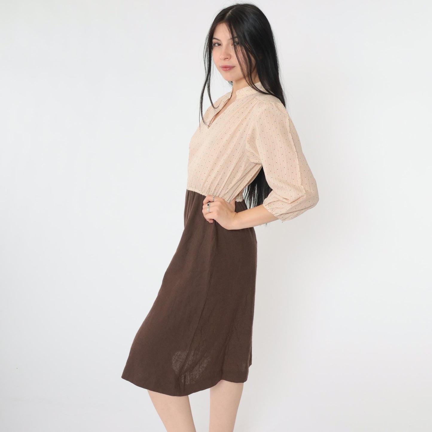 70s Beige Brown Dot Print Midi Dress High Elastic Waist V Neck Small